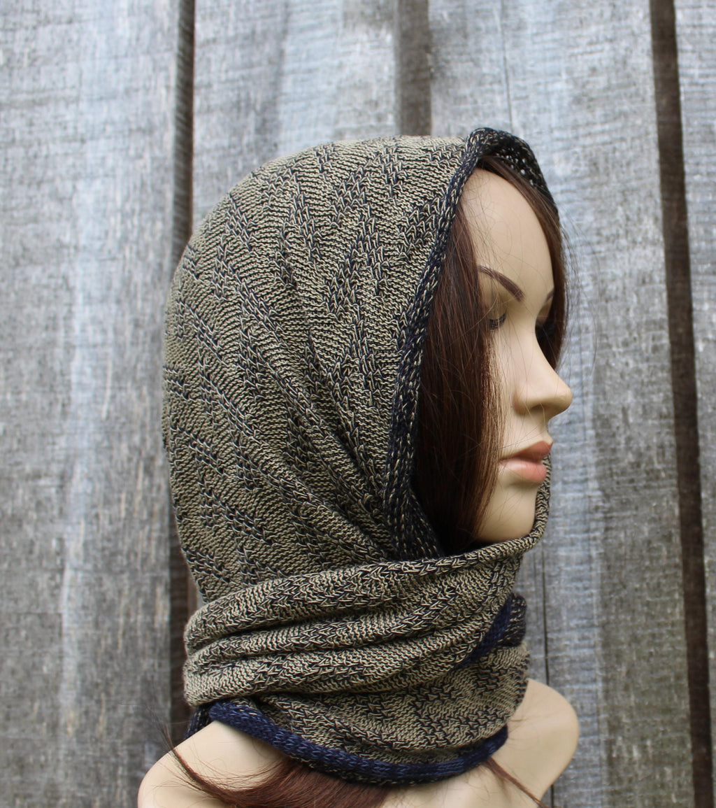 knitted head kerchief, cotton khaki blue head wrap, colorful triangle shawl