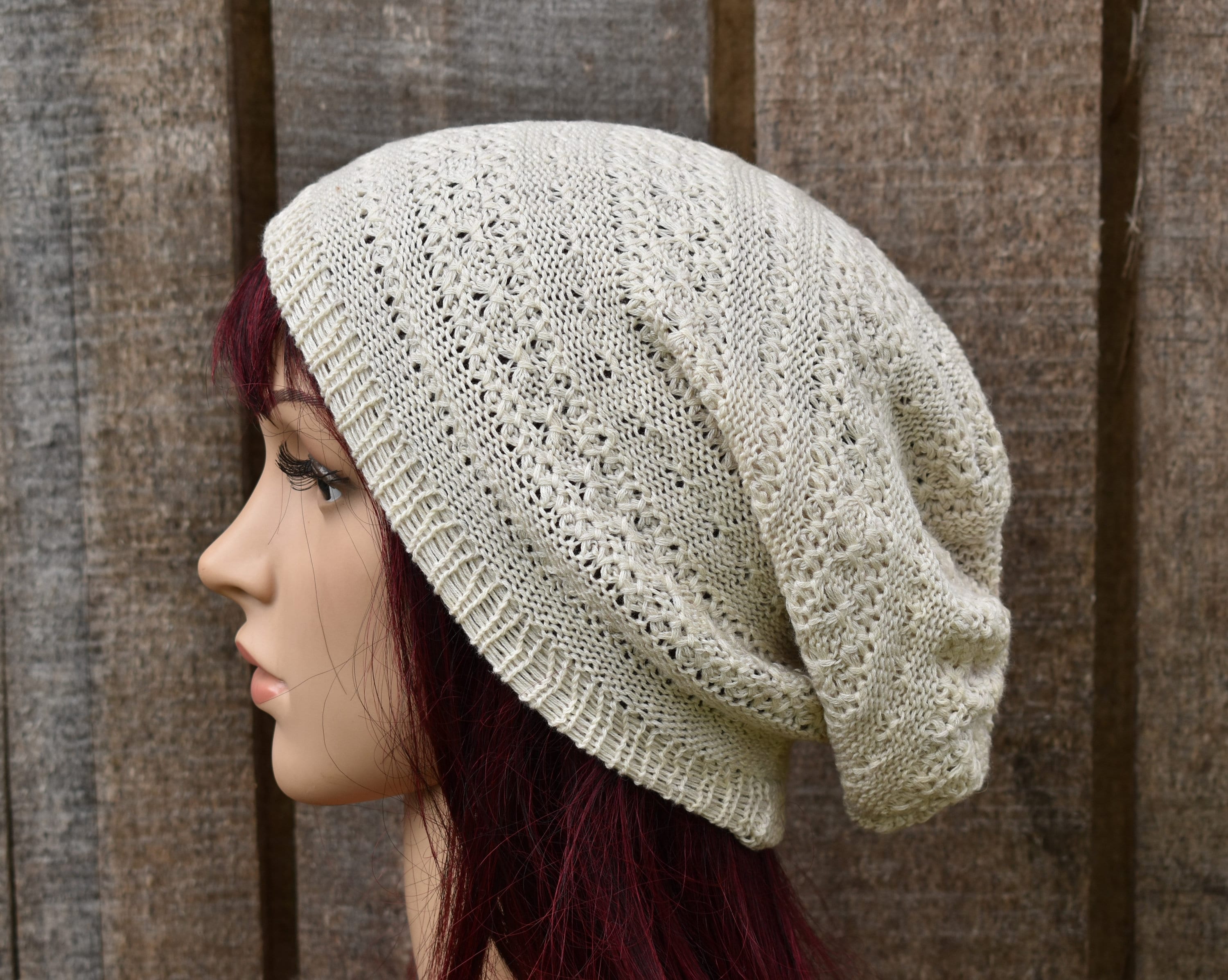 Knitted Cotton Summer Beanie: Breathable Slouch Hat, Beige