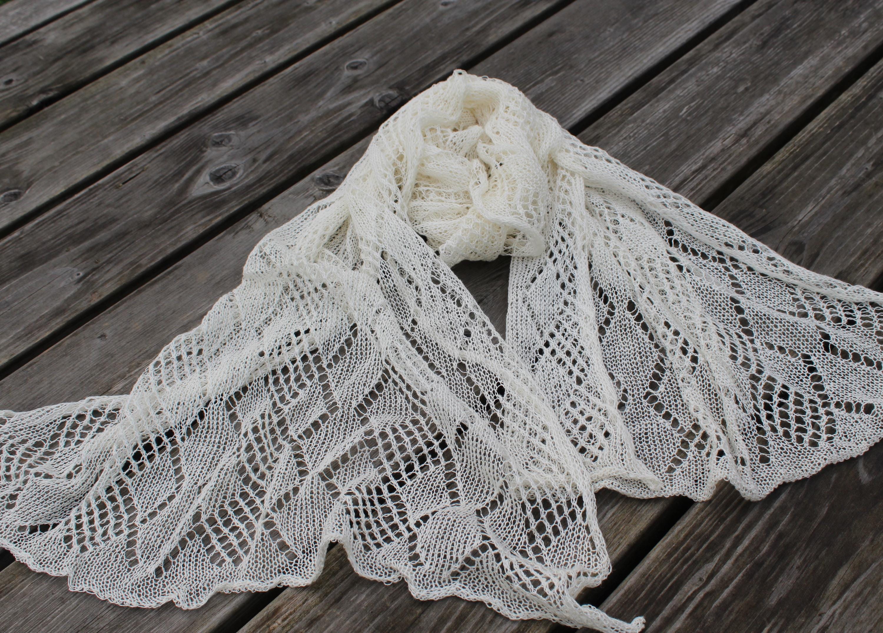 Knitted lace shawl on a wooden surface