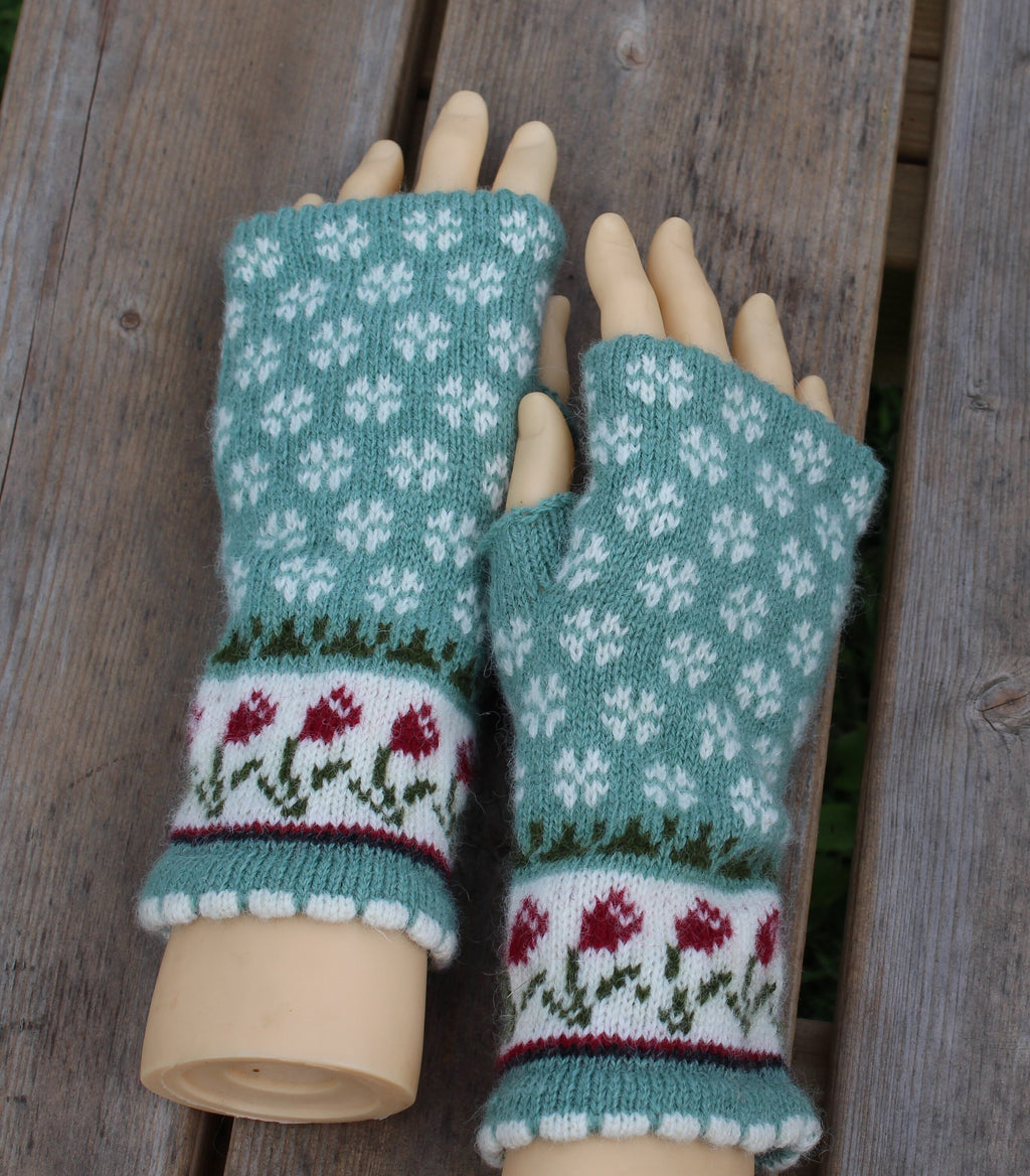 arm warmers, knitted Latvian fingerless gloves, handmade wool green half mittens