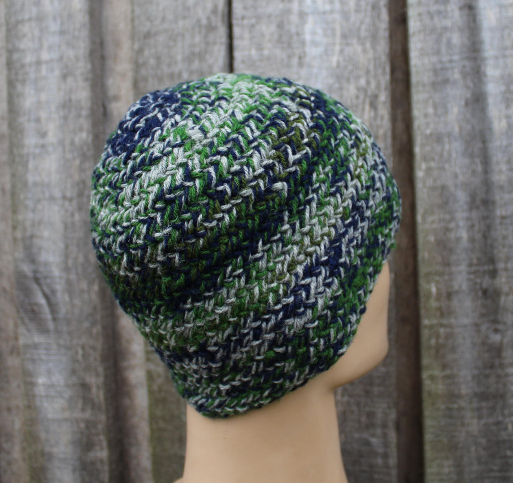 Authentic Naalbinding Wool Beanie | Ancient Viking-Age Technique | Green, Blue & Gra