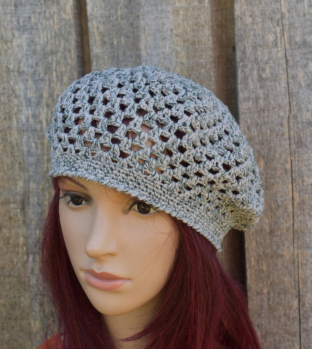 Crocheted gray green cotton summer beret, handmade lace French beret for women
