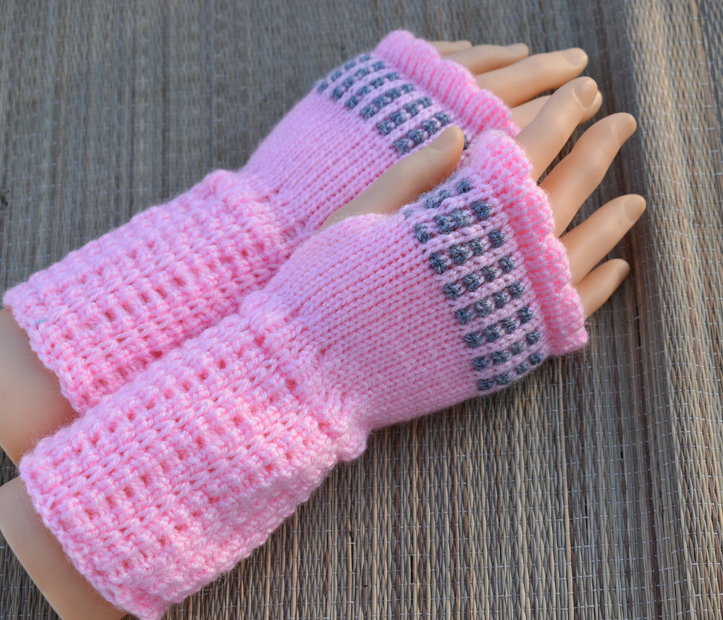 fingerless gloves, knit  pink gray acrylic arm warmers for women