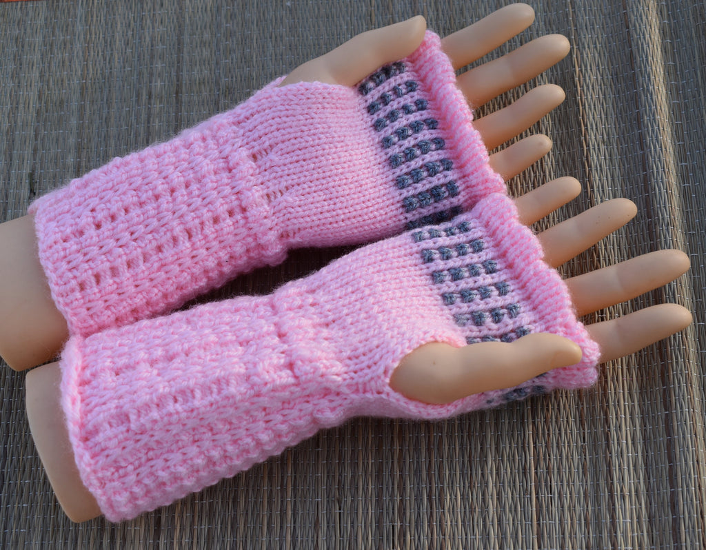 fingerless gloves, knit  pink gray acrylic arm warmers for women