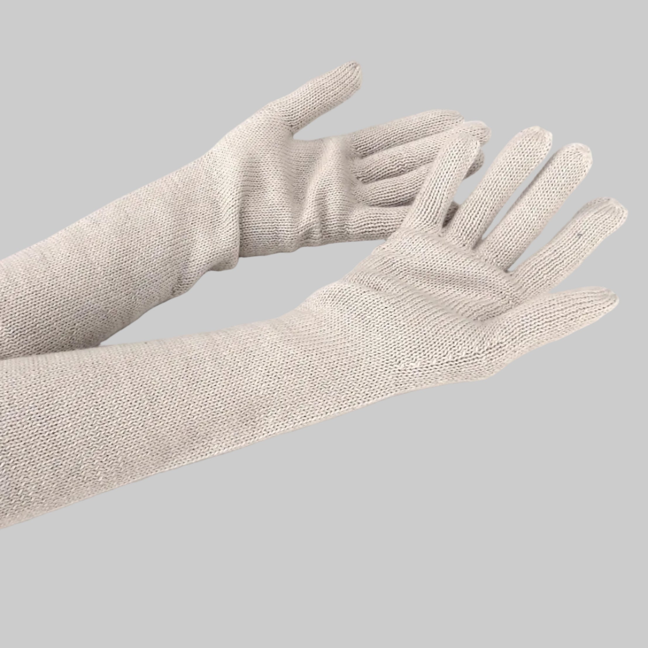 Pair of beige gloves on a white background