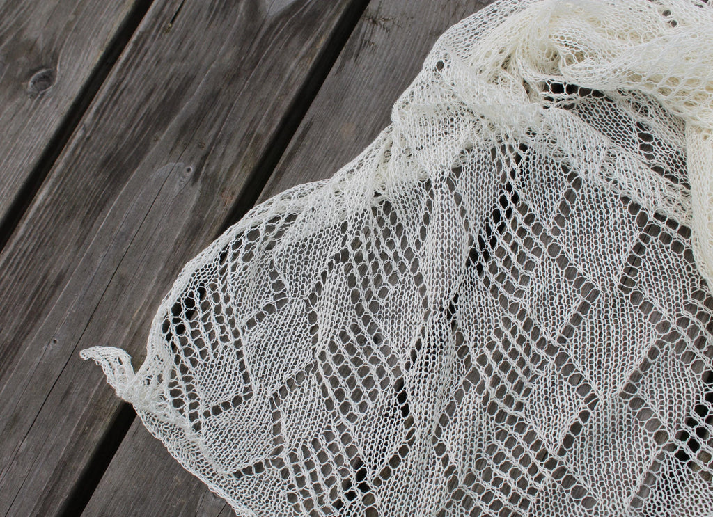 Knitted lace shawl on a wooden surface