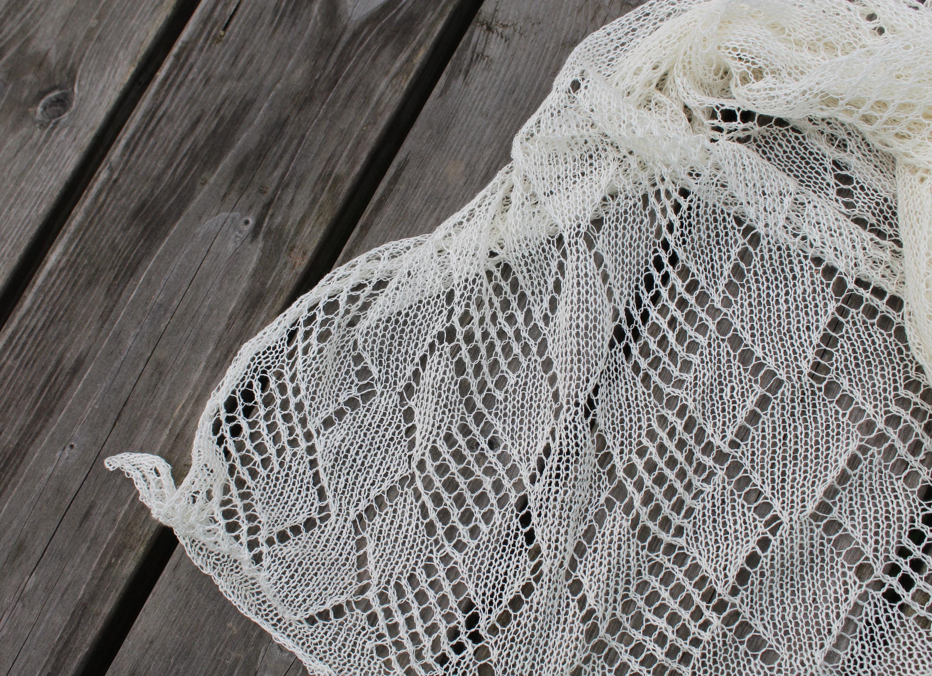 Knitted lace shawl on a wooden surface