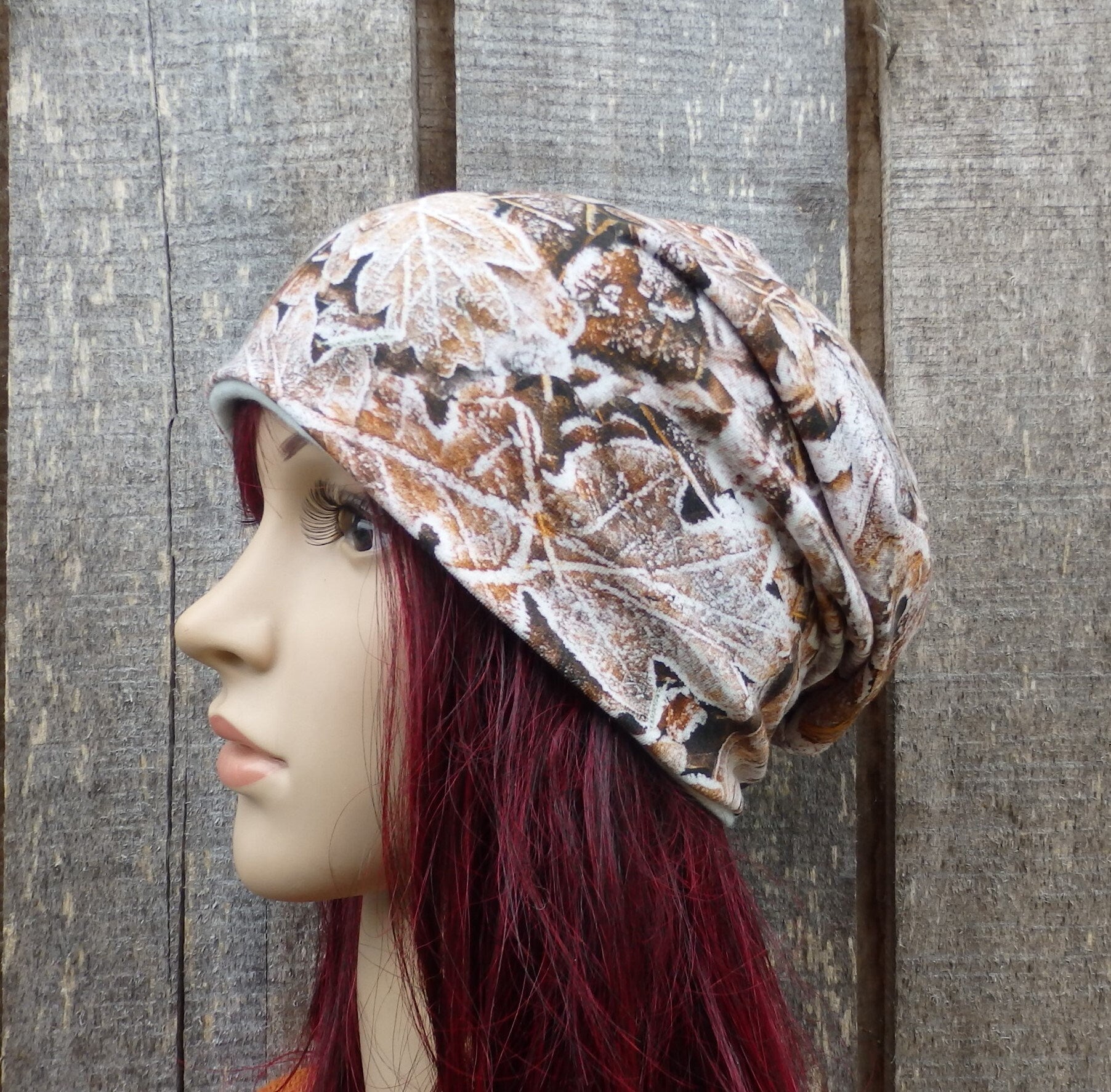 Knit cotton fabric  beanie, colorful lined  hat, sewn cap, brown hat