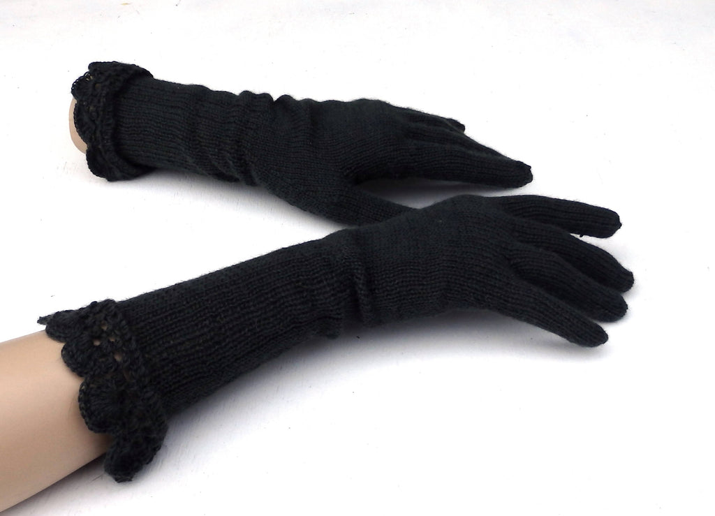 Hand Knit Black Lace Gloves: Elegant Women's Evening Gloves