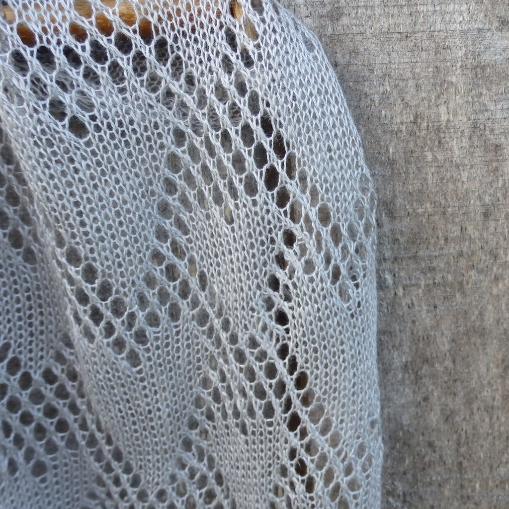 Close-up of a textured fabric with a lace-like pattern against a neutral background