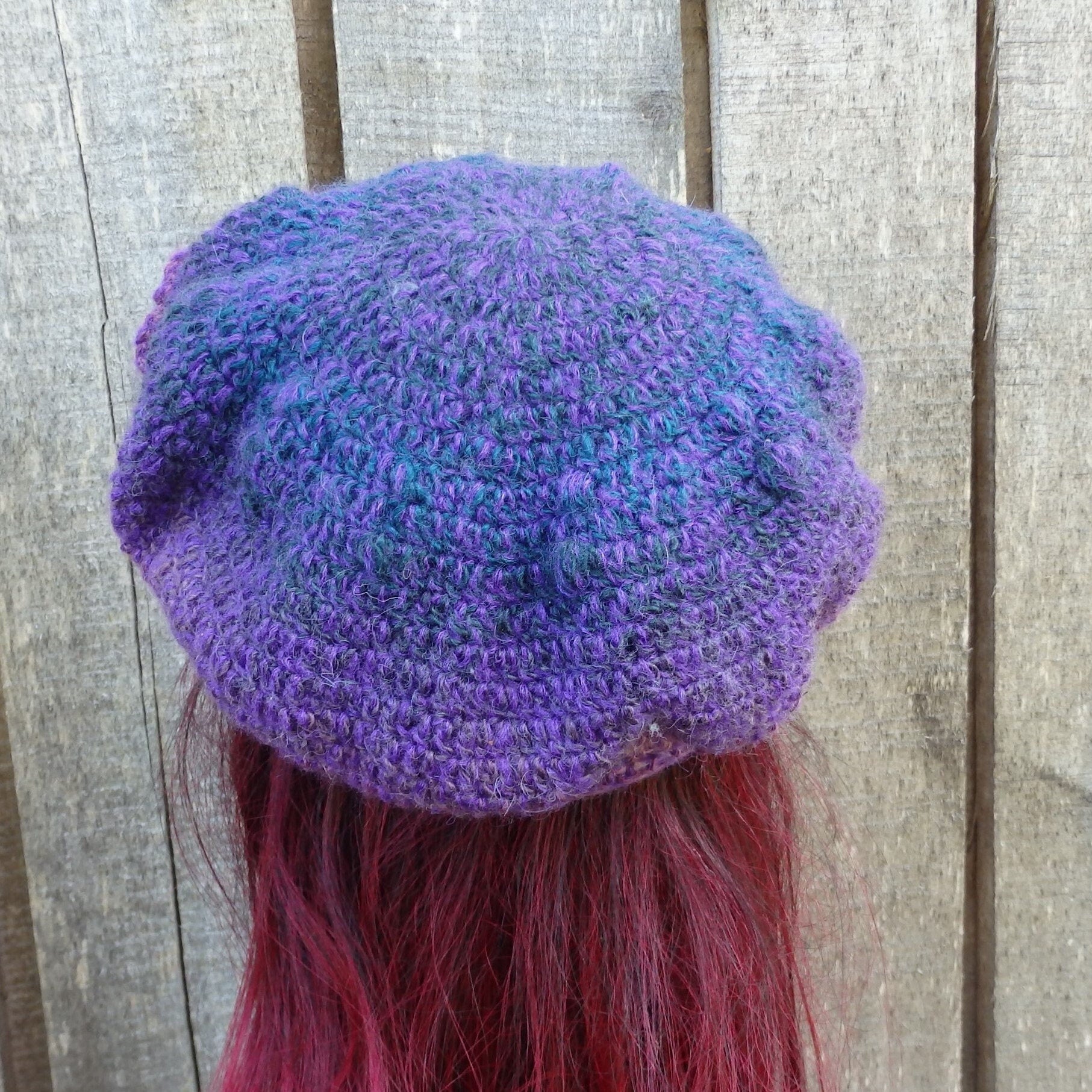 Hand crocheted Colorful Purple plain Beret with crochet flower