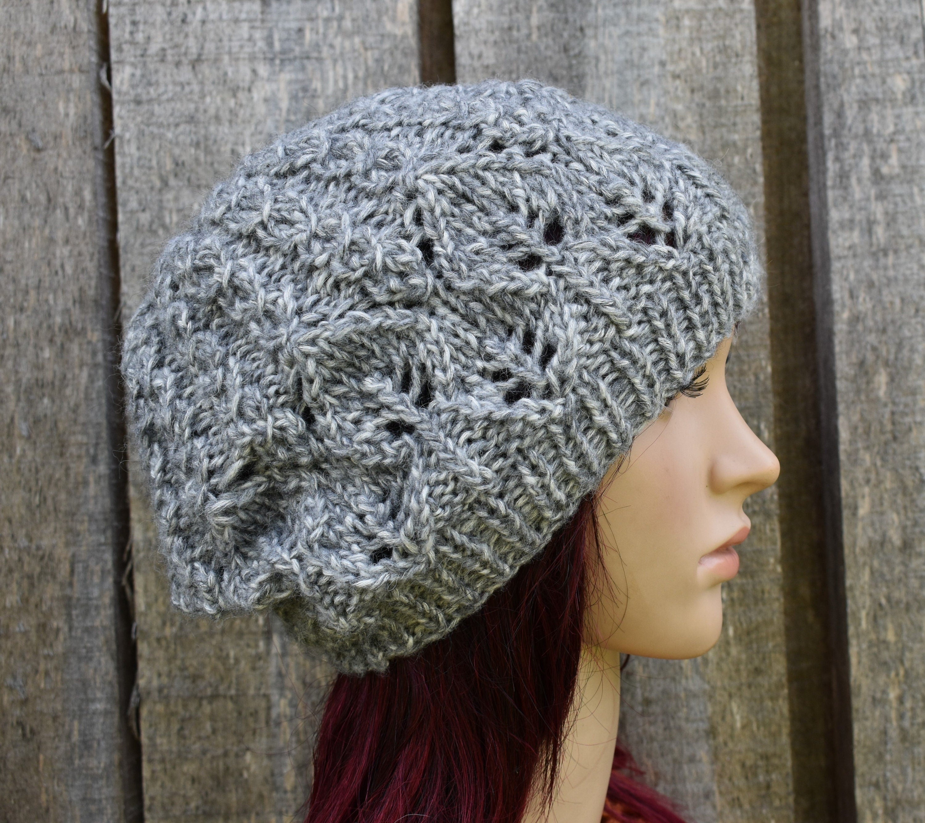 Hand knitted melanga gray cotton beret hat, unlined autumn cap, knit open work beanie,