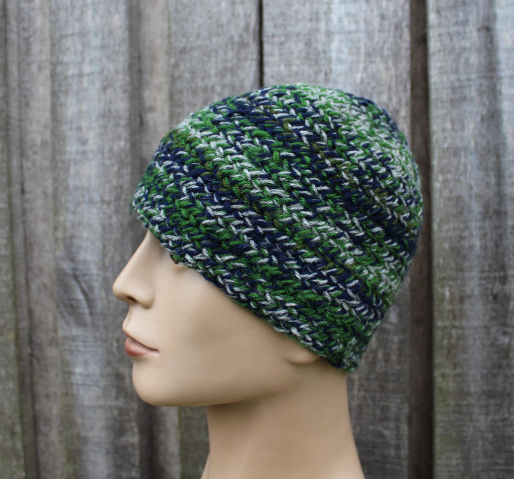 Authentic Naalbinding Wool Beanie | Ancient Viking-Age Technique | Green, Blue & Gra