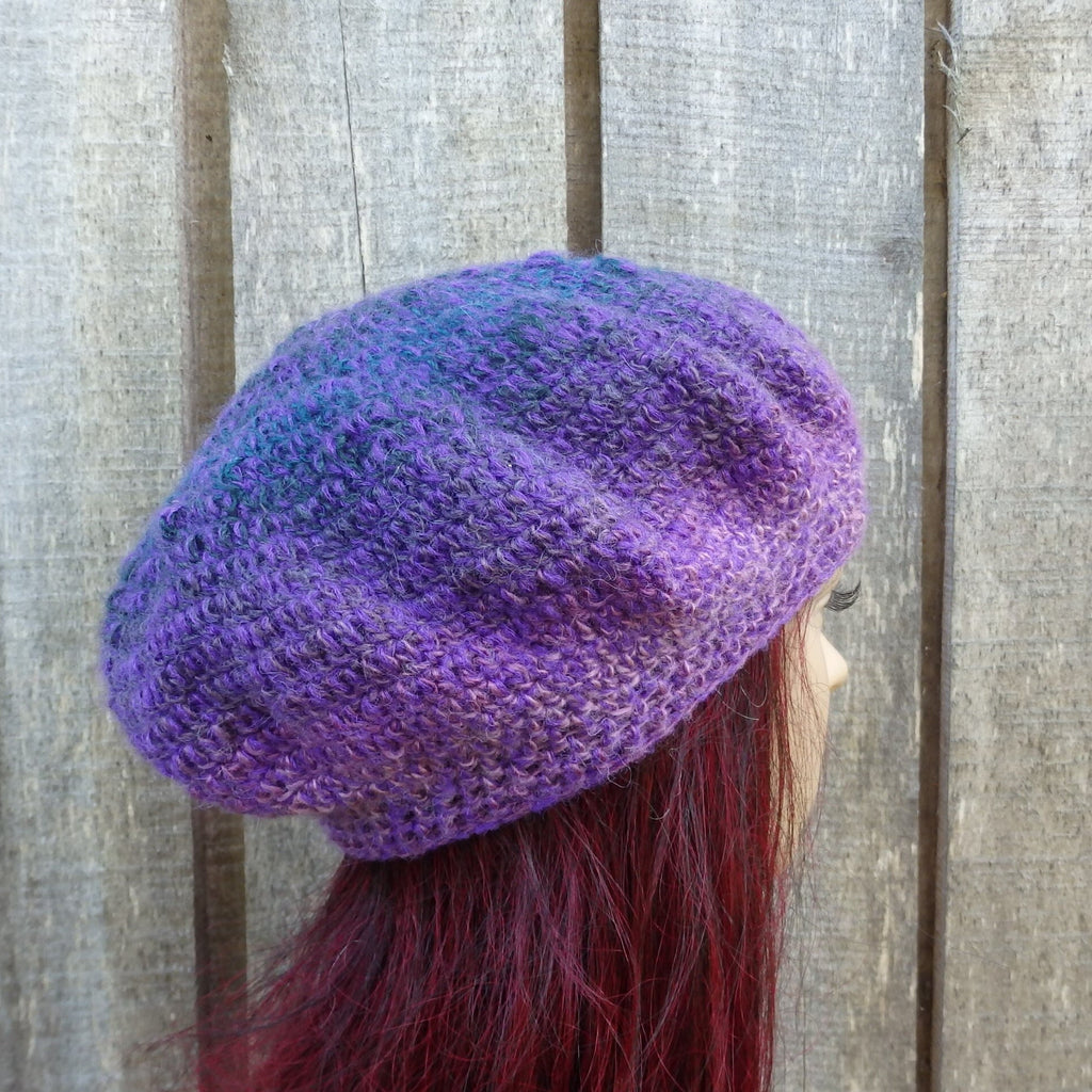 Hand crocheted Colorful Purple plain Beret with crochet flower
