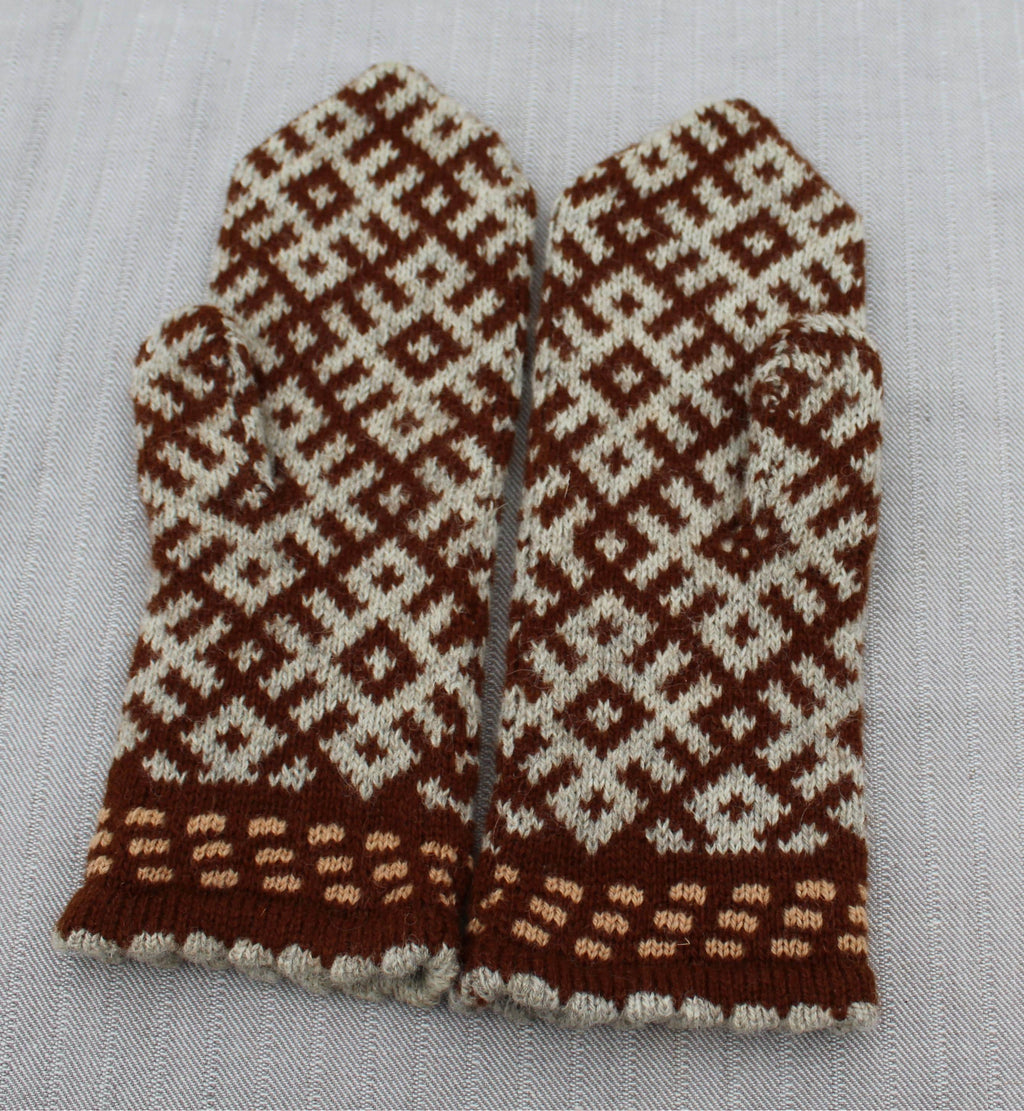 Pair of brown and gray patterned mittens on a light gray background