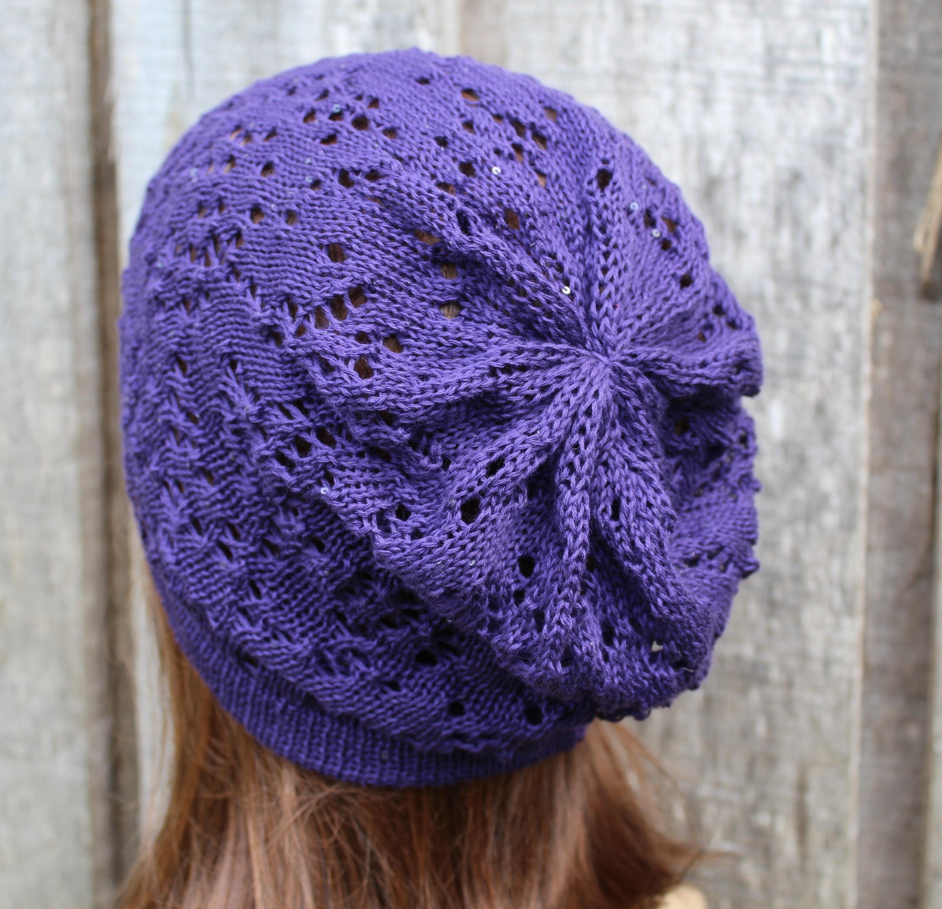 Stylish Purple Cotton Lace Knit Summer Beanie with Sequin