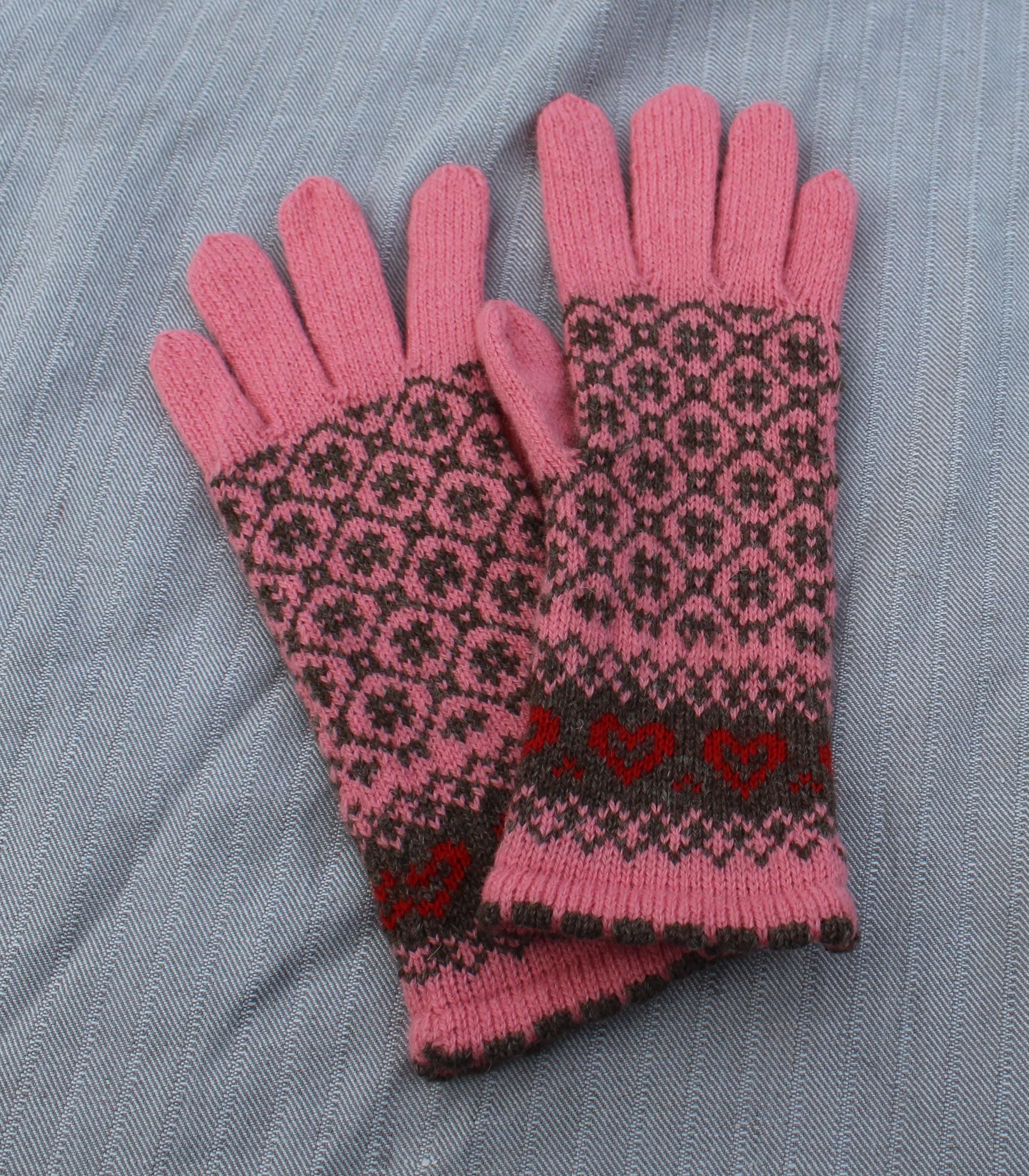 Pair of pink gloves with a pattern on a gray fabric background