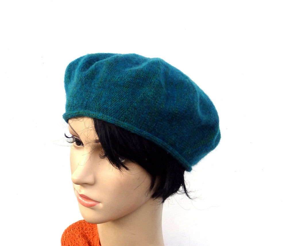 knitted wool mohair female green beret, women teal beret hat