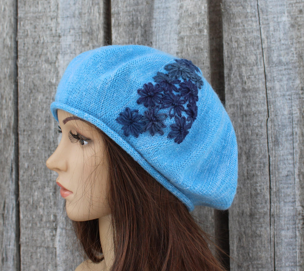 Sky Blue Embroidered Merino Blend Beret | Artisan Hand-Knitted Autumn Hat