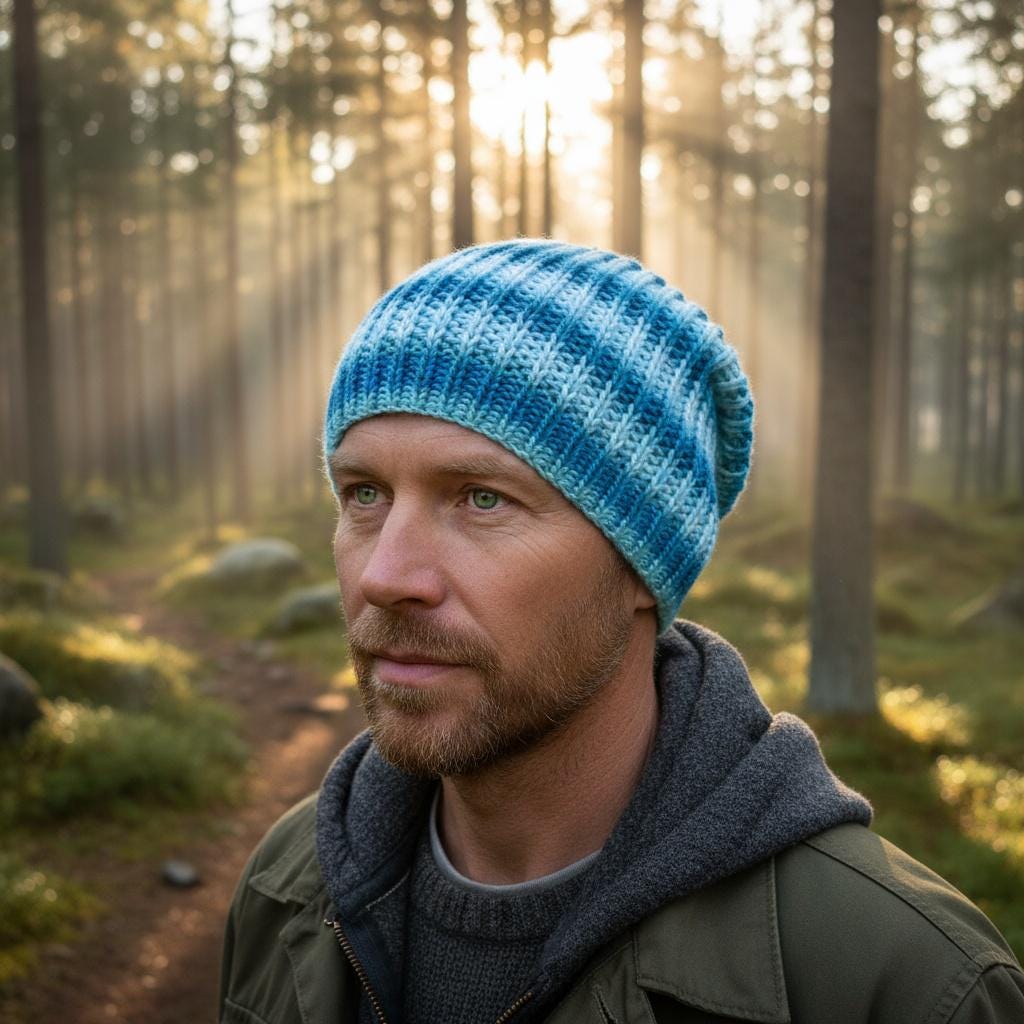 Man wearing a blue knit beanie in a forest during sunset