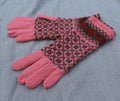 Pair of pink gloves with a pattern on a gray surface
