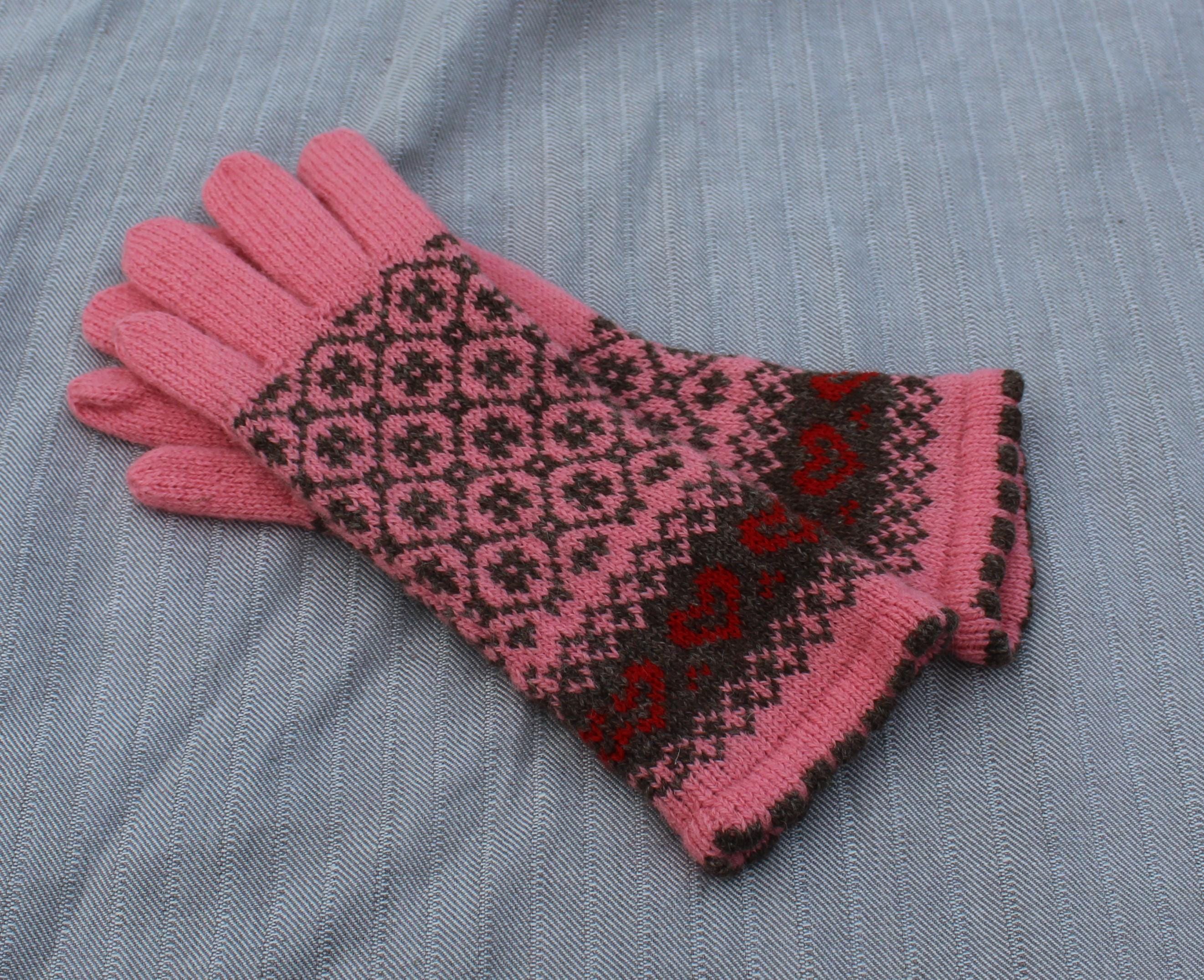 Pair of pink gloves with a pattern on a gray background