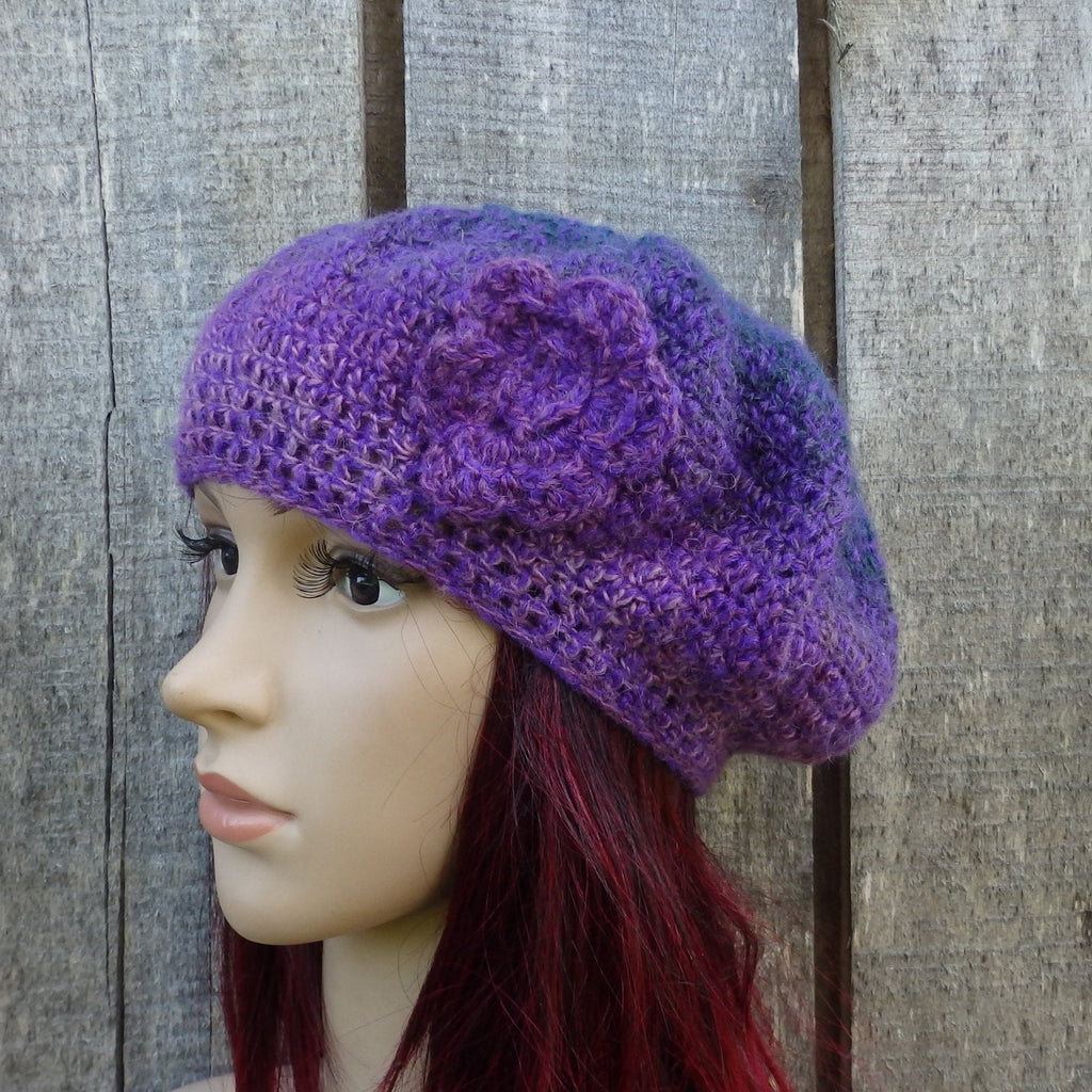 Hand crocheted Colorful Purple plain Beret with crochet flower