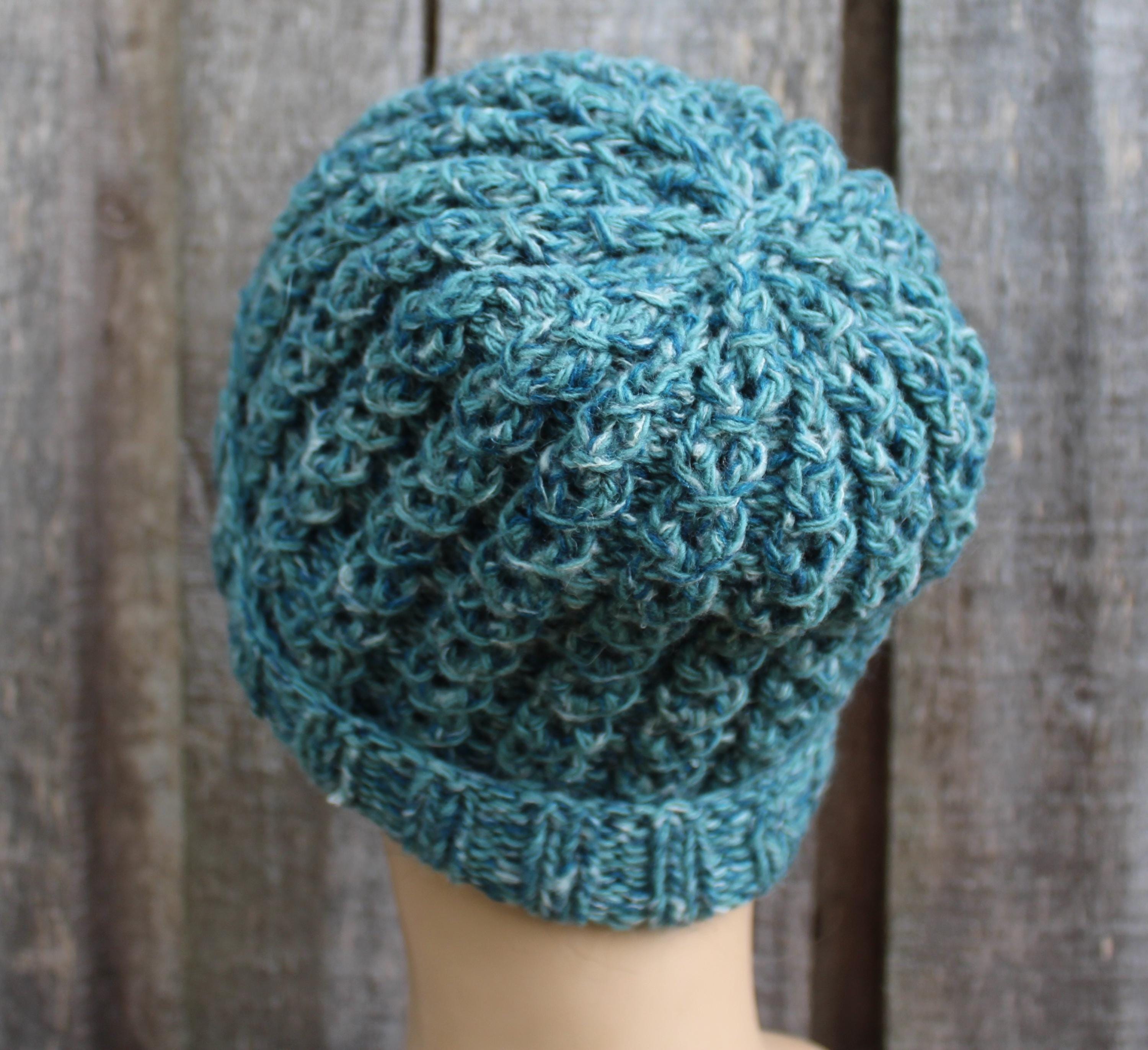 Hand knitted  Colorful Green Mohair Wool Winter Hat, warm unlined unisex beanie.