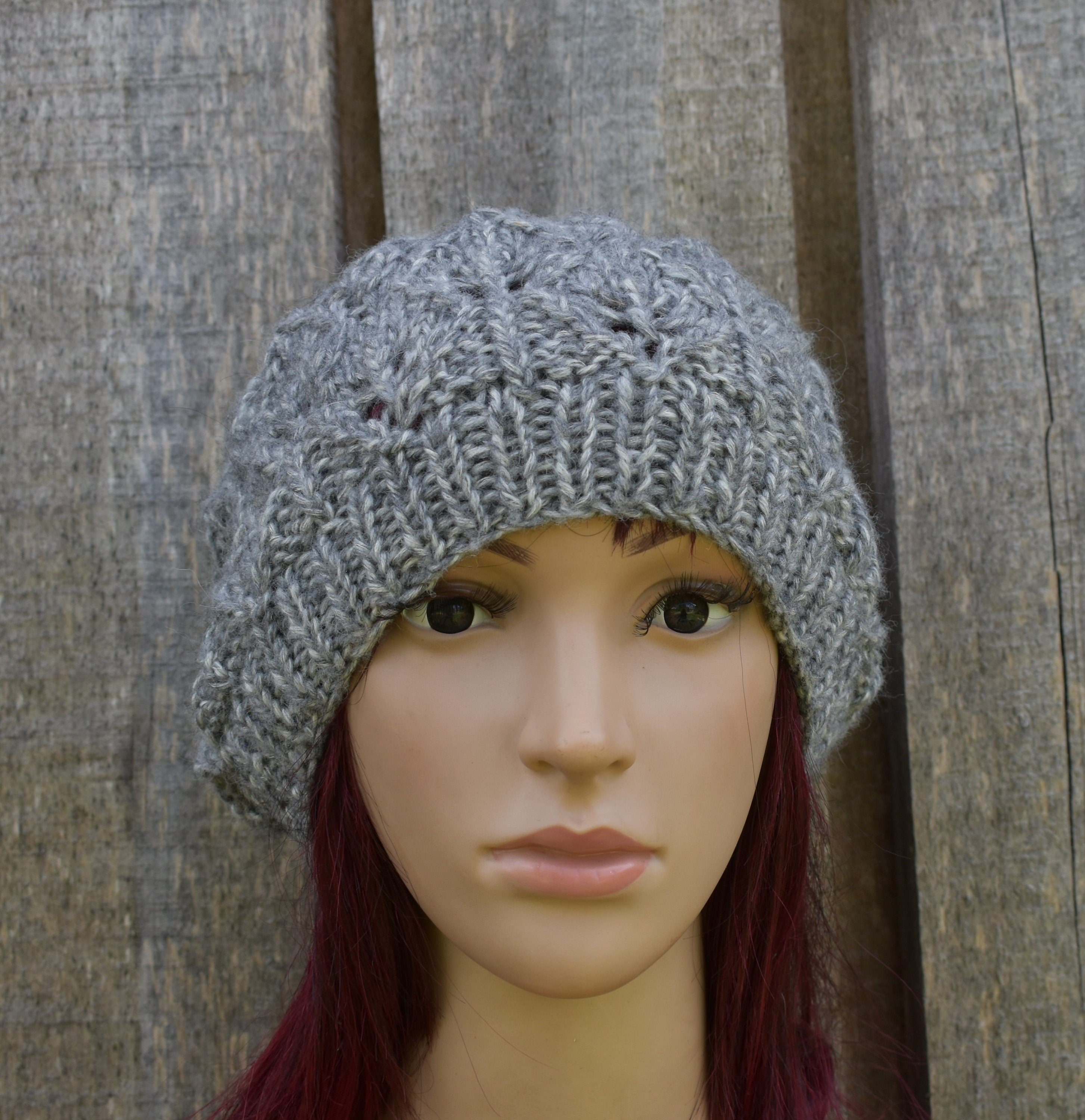 Hand knitted melanga gray cotton beret hat, unlined autumn cap, knit open work beanie,