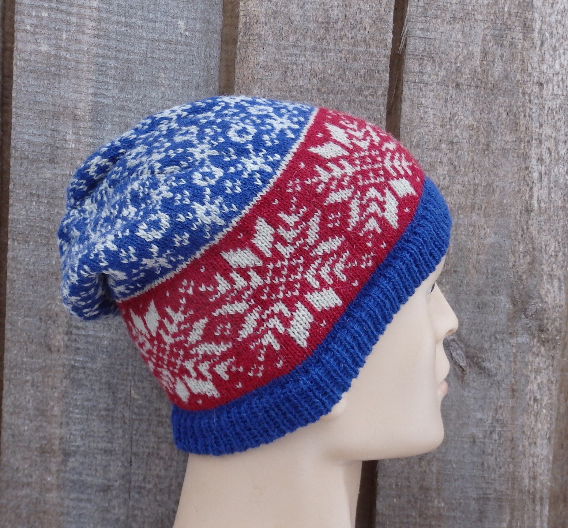Knit Wool Latvian Winter Hat: Blue Gray Snowflake Beanie