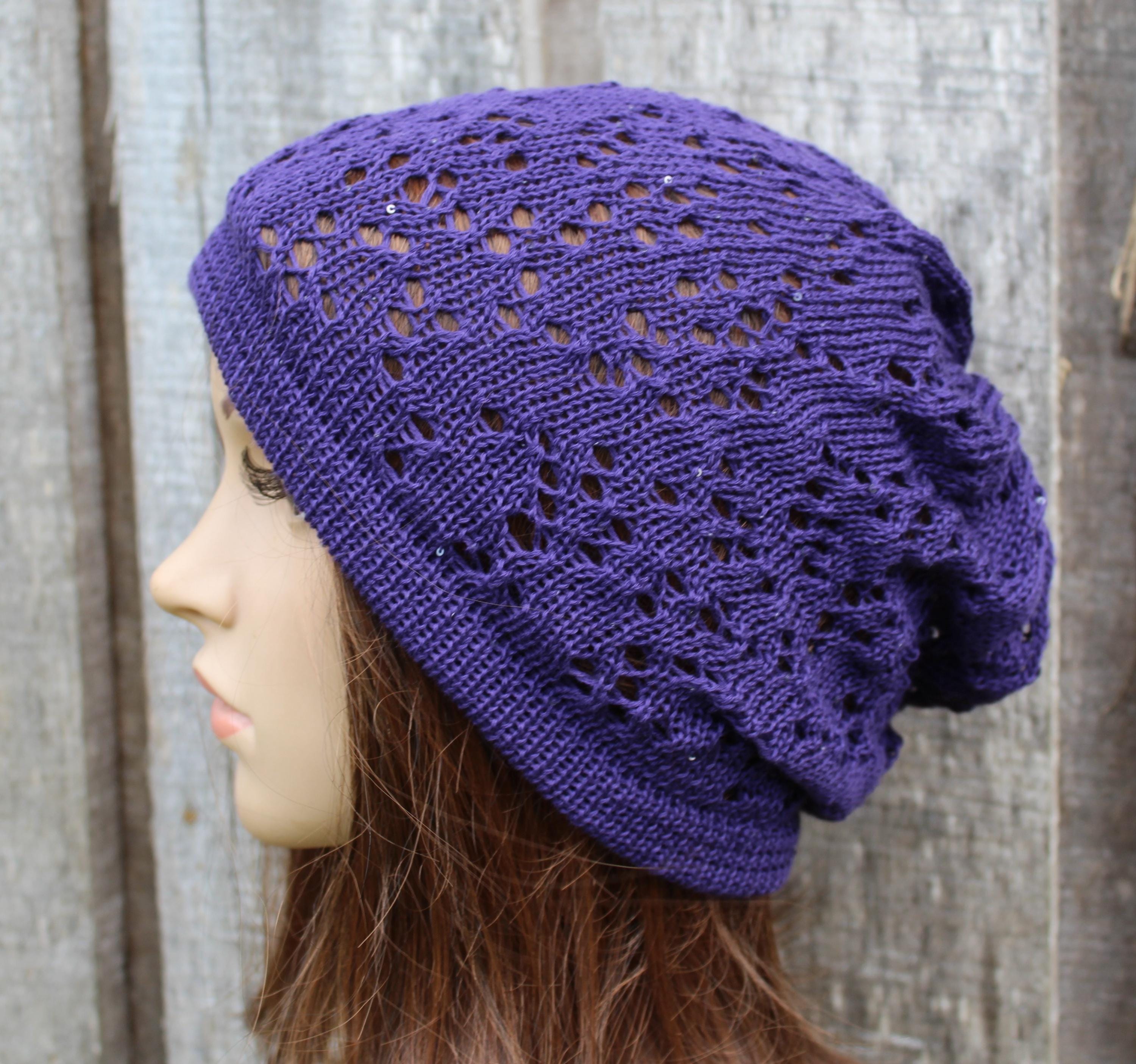 Stylish Purple Cotton Lace Knit Summer Beanie with Sequin