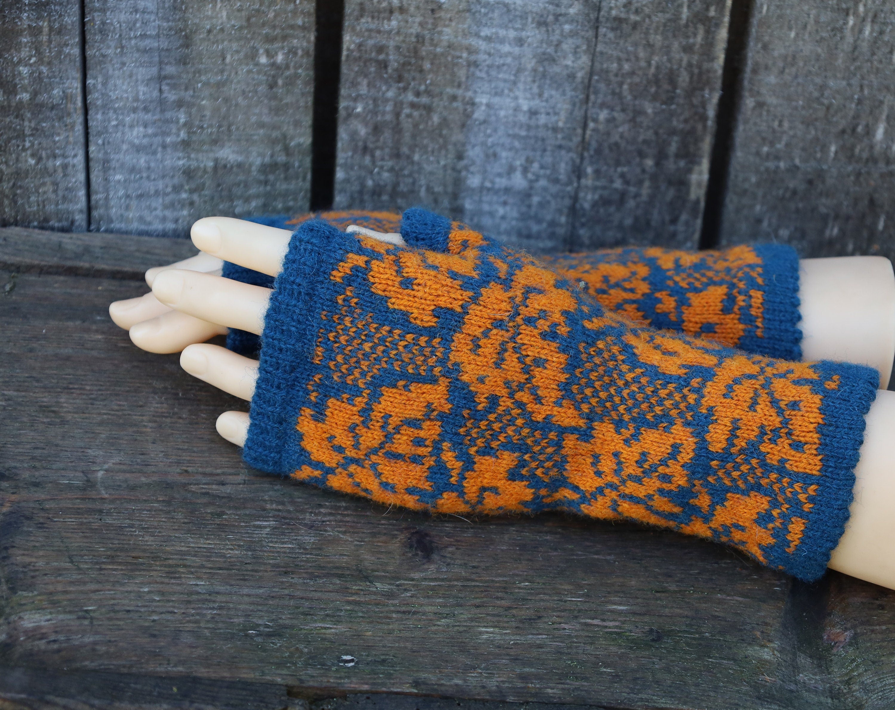 knitted women Latvian arm warmers, handmade wool fingerless gloves, size M/L half mittens