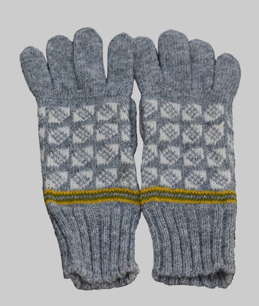 Pair of gray gloves with a patterned cuff on a black background