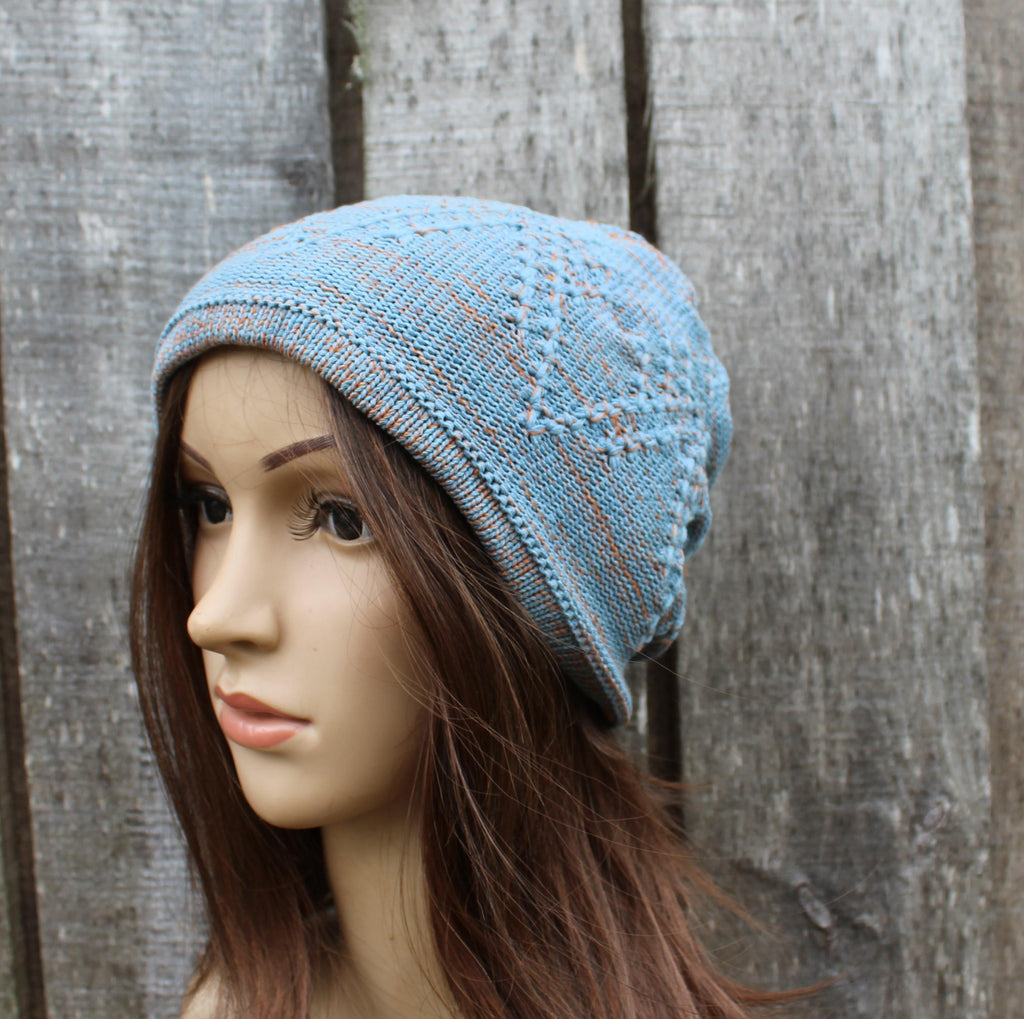 knit colorful light blue  orange cotton hat, knitted mid season hat, Handmade breathable beanie