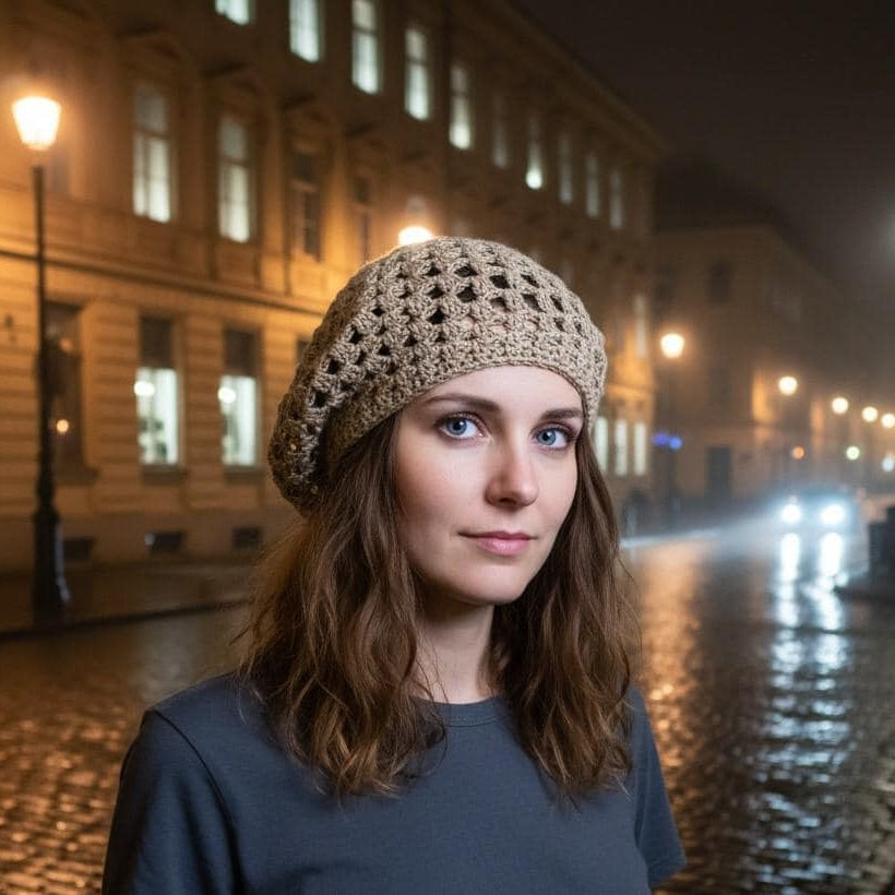 Woman wearing a knitted hat on a city street at night