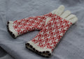 Pair of gloves with red and black pattern on a gray fabric background