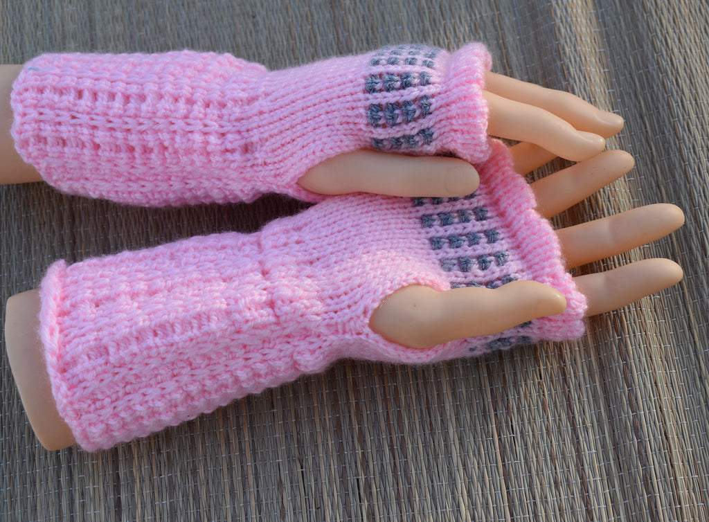 fingerless gloves, knit  pink gray acrylic arm warmers for women
