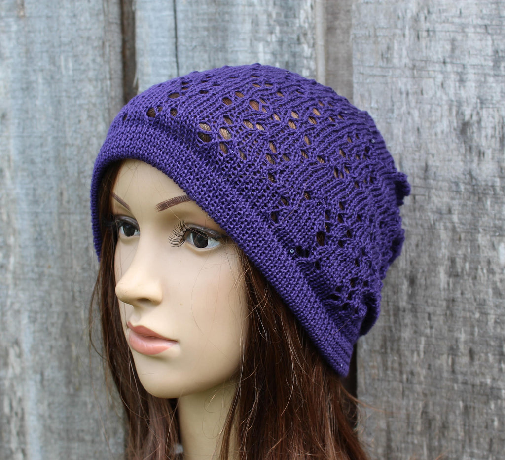 Stylish Purple Cotton Lace Knit Summer Beanie with Sequin
