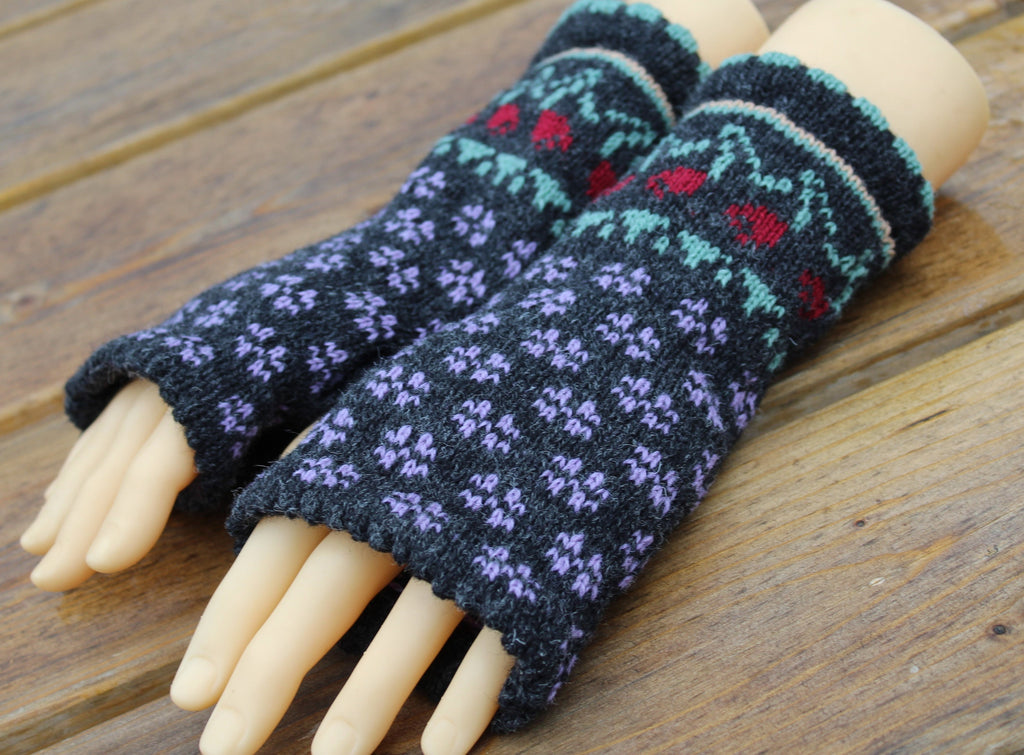 arm warmers, knitted Latvian fingerless gloves, handmade wool dark gray half mittens