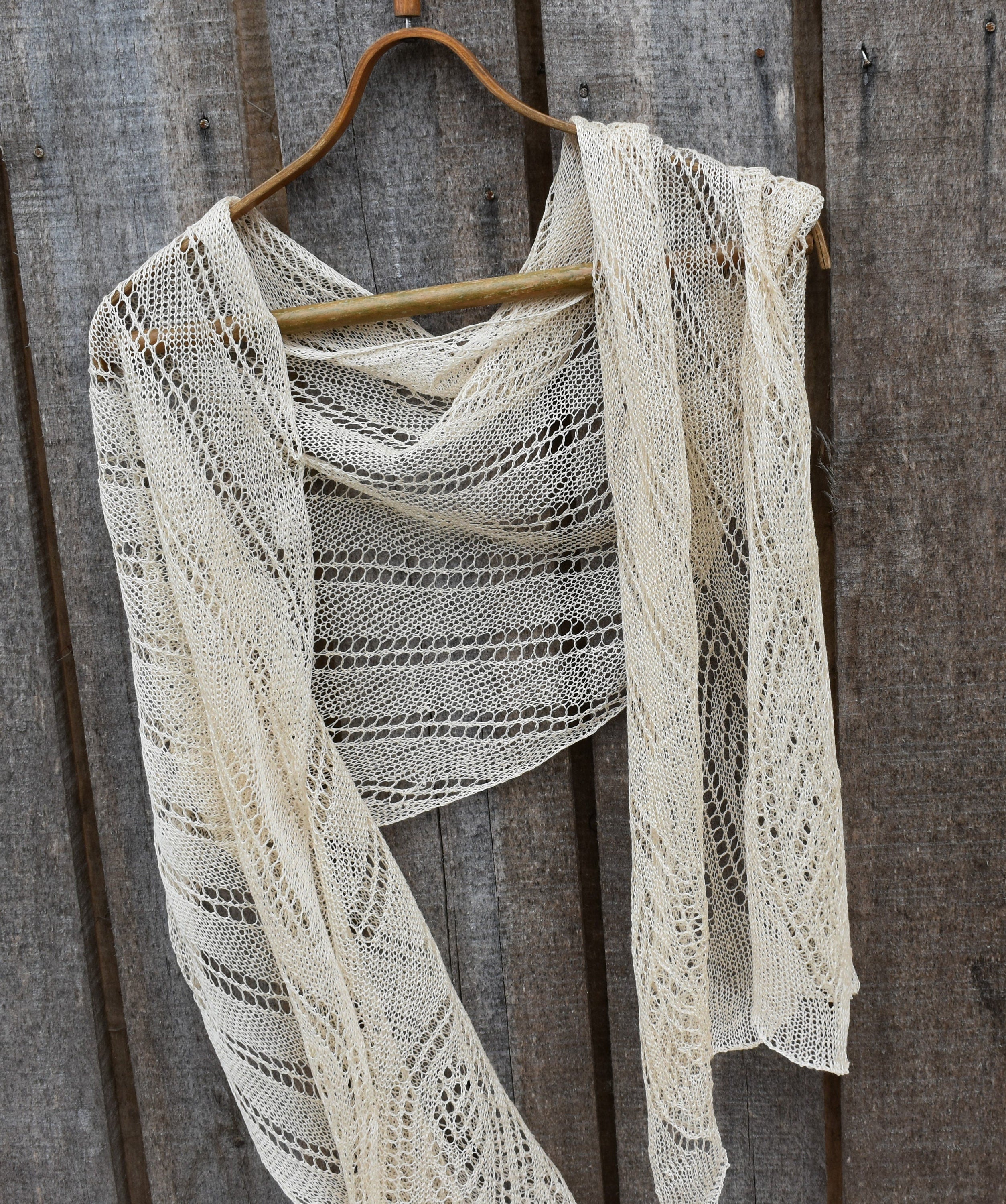 Beige Knit Lace Linen Scarf: Fishnet Flax Shawl