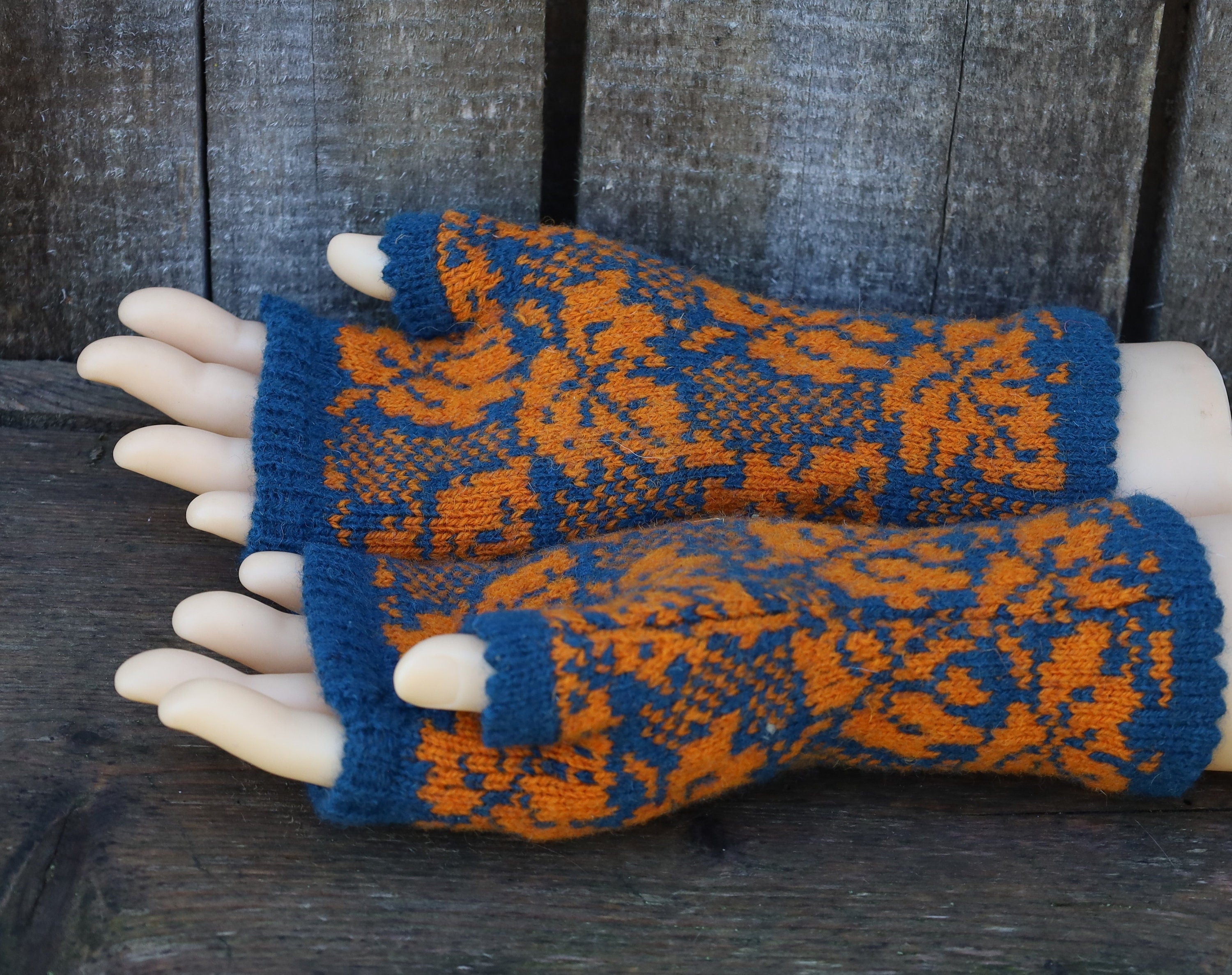 knitted women Latvian arm warmers, handmade wool fingerless gloves, size M/L half mittens