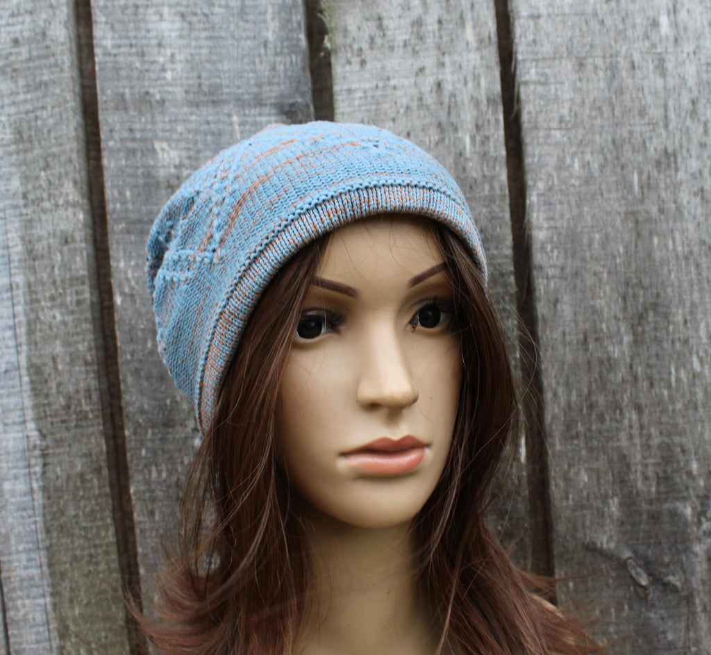 knit colorful light blue  orange cotton hat, knitted mid season hat, Handmade breathable beanie