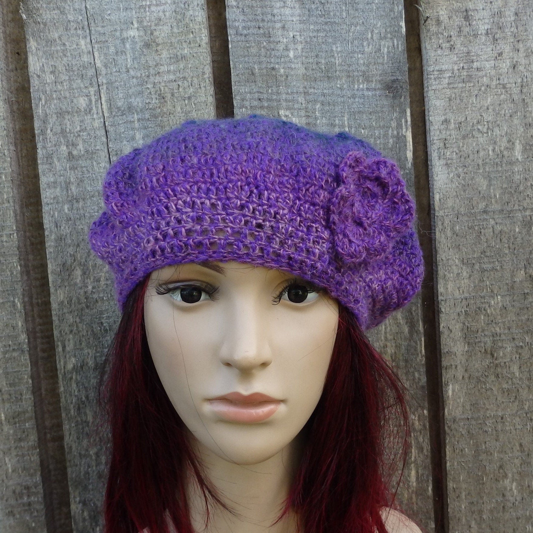 Hand crocheted Colorful Purple plain Beret with crochet flower