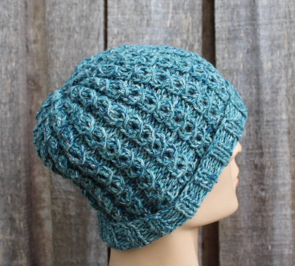 Hand knitted  Colorful Green Mohair Wool Winter Hat, warm unlined unisex beanie.