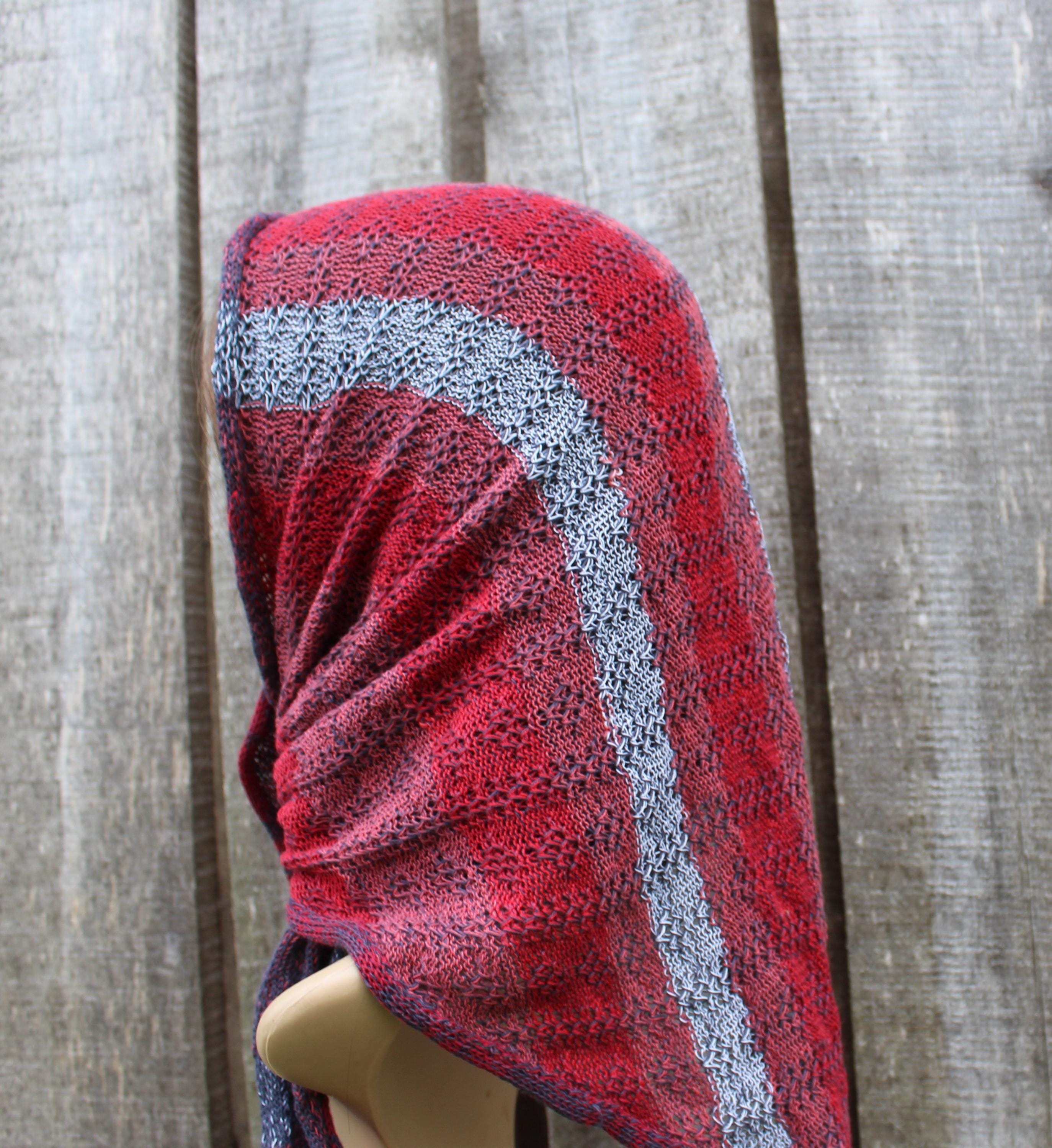 Cotton red blue head kerchief,  colorful triangle shawl, knit modern scarf