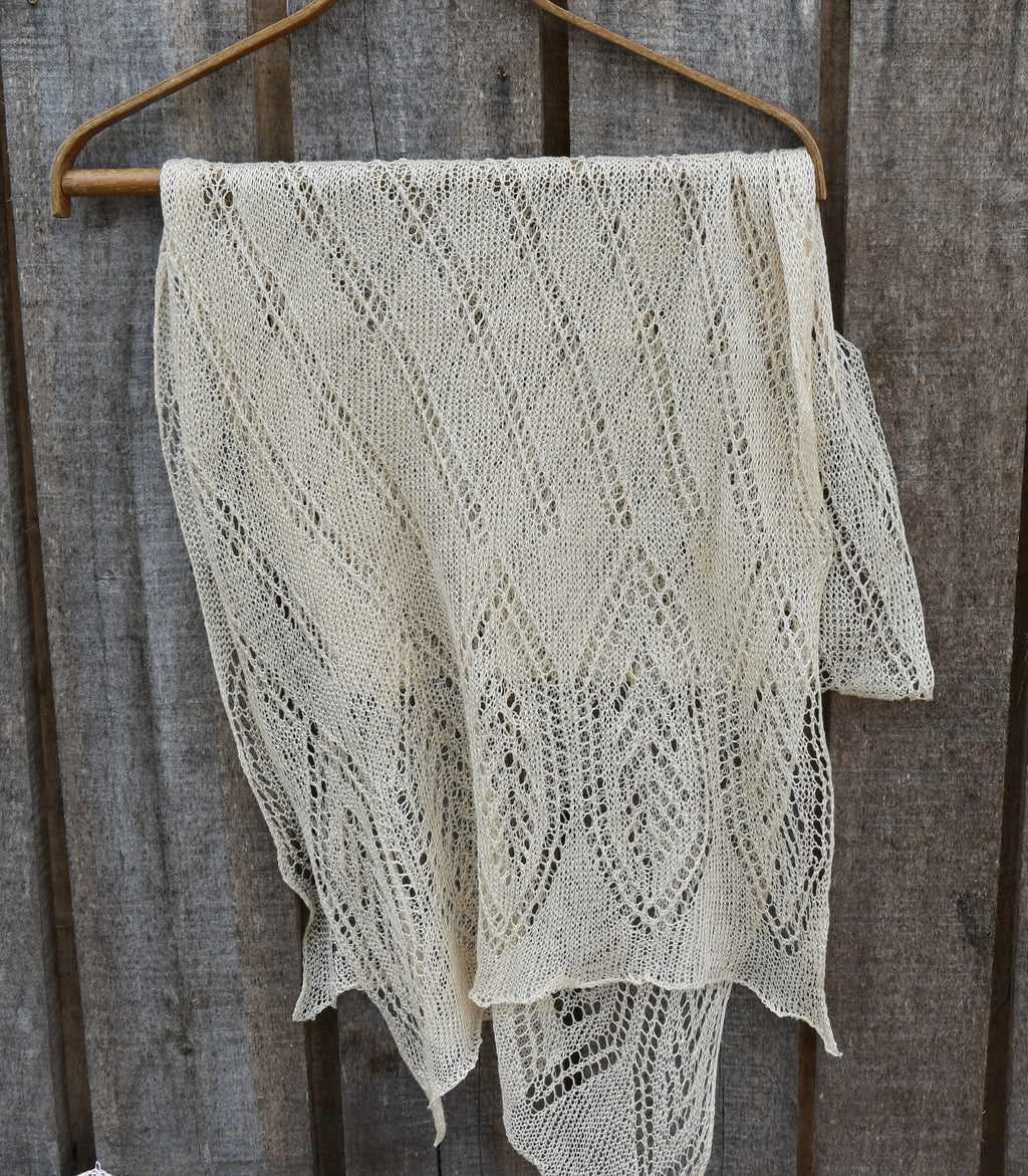 Beige Knit Lace Linen Scarf: Fishnet Flax Shawl
