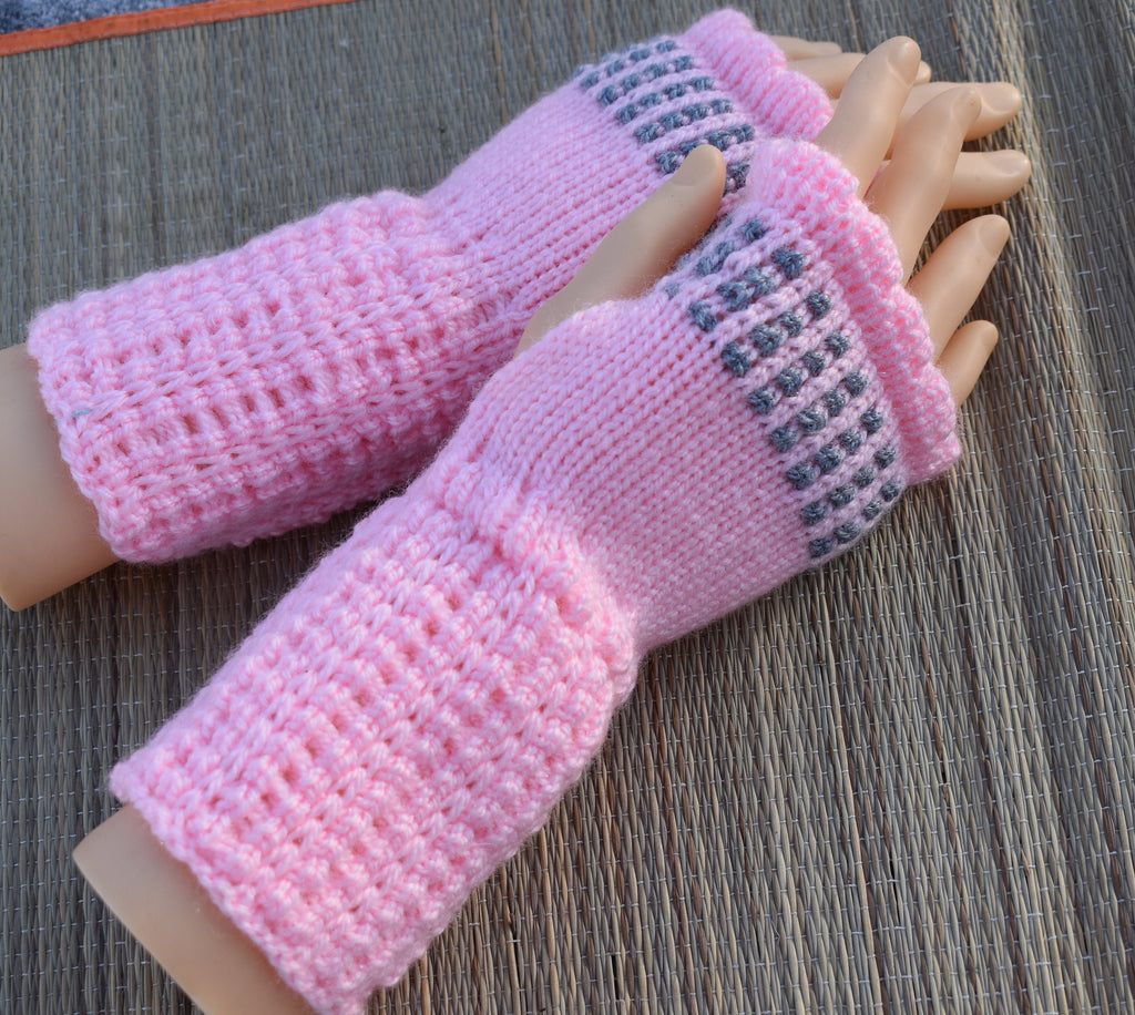 fingerless gloves, knit  pink gray acrylic arm warmers for women