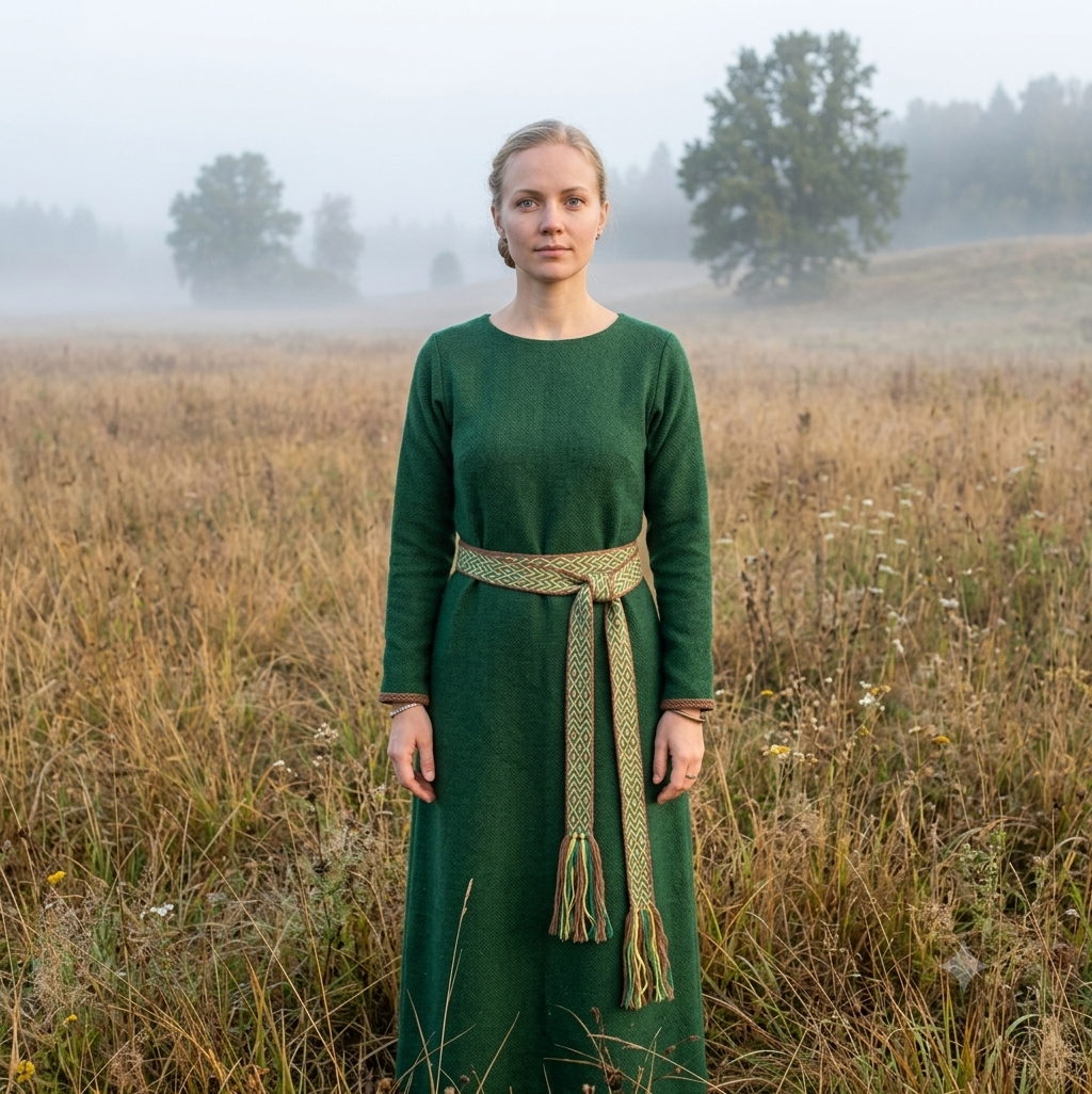 A woman stands in a misty grassy field wearing a long-sleeved dark green dress with a patterned woven belt tied at the waist.