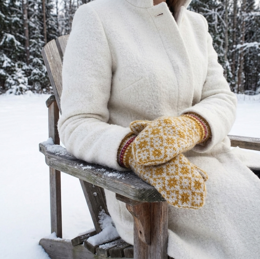A person seated in a wooden chair outdoors in the snow, wearing a cream coat and yellow patterned knit mittens.