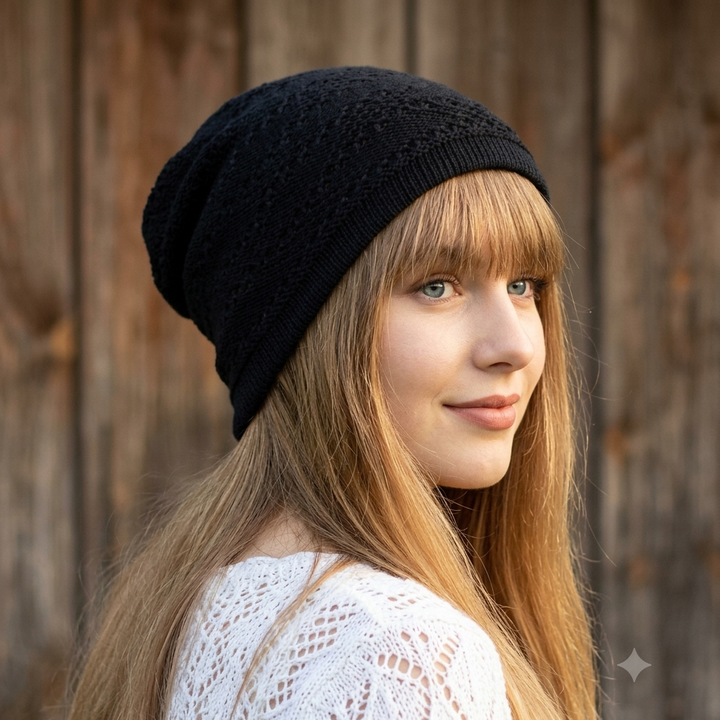 Woman wearing a black knit beanie with a blurred wooden background